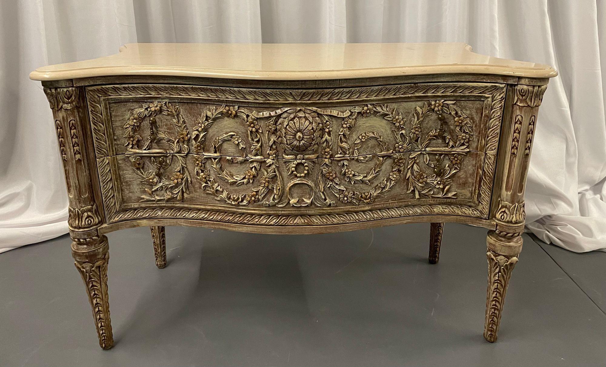 A Rococo Style Commode, Chest or Bedside Stand having a Marble Top, Carved
 
A finely carved two drawer commode or chest.  The drawers themselves are equipped with sliders for easy access and have interiors that are neatly fitted with soft velour.  