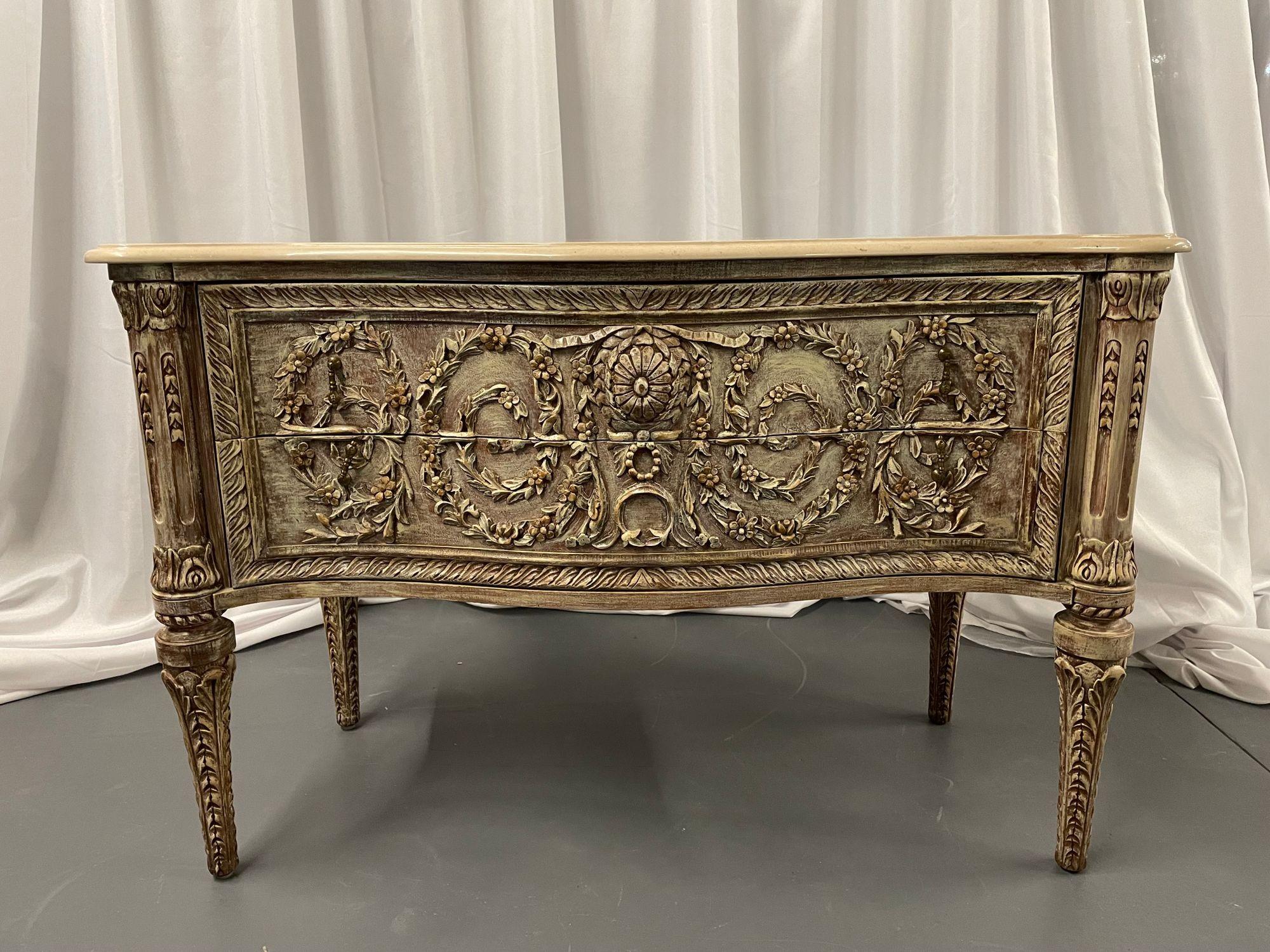 A Rococo Style Commode, Chest, Dresser with a Marble Top, Carved In Good Condition For Sale In Stamford, CT