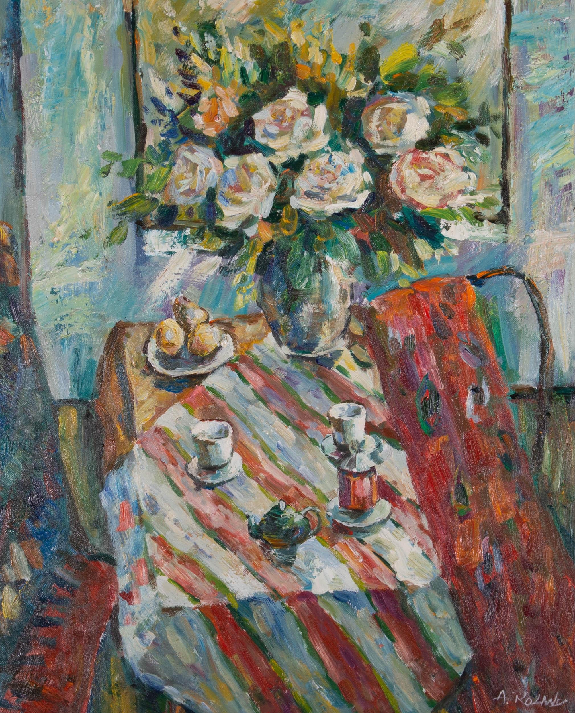 A superbly executed oil painting by A. Roland. The scene depicts an interior view with a table set for afternoon tea, beautifully decorated with a striking flower arrangement. Through the use of impasto and vibrant colours, the artist has captured