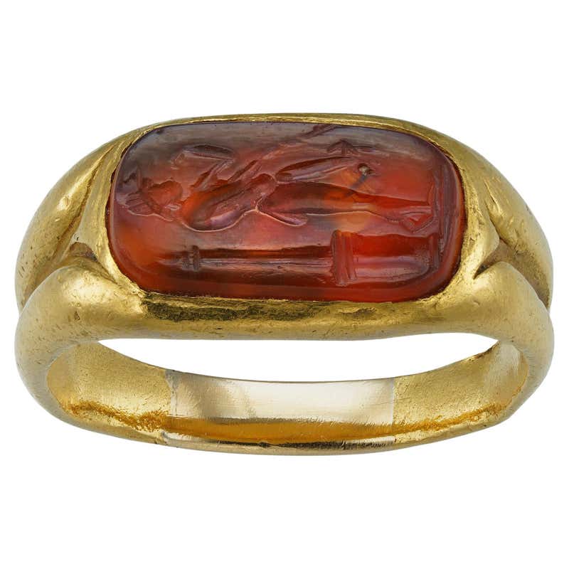Antique Gold and Carved Carnelian Intaglio Signet Ring with an Ancient ...