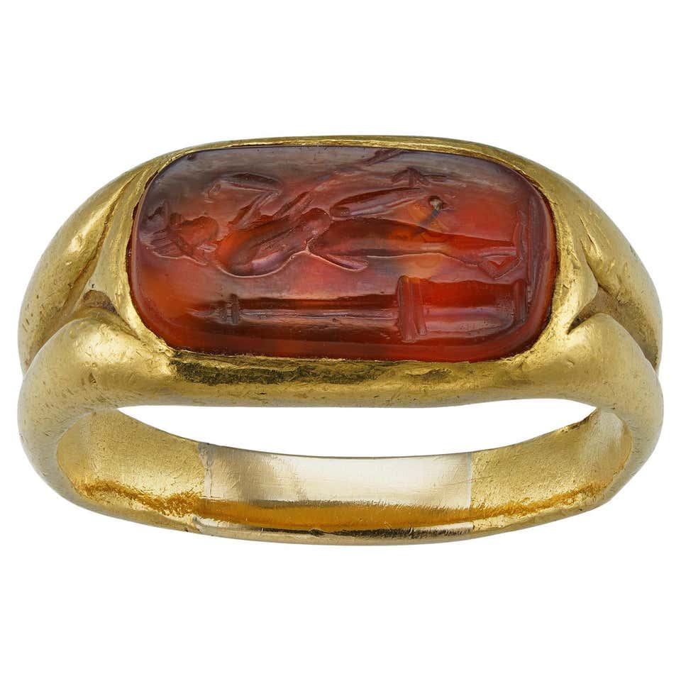 Antique Gold and Carved Carnelian Intaglio Signet Ring with an Ancient ...