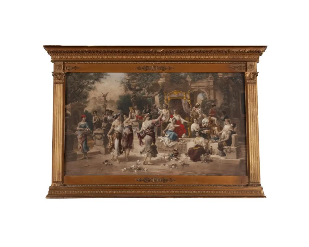 A Roman Floral Festival Polychrome Lithograph By EMANUEL OBERHAUSER (AUSTRIAN, 1854-1919)

Behind glass, elaborate, columnar gilt frame.

The frame is missing some parts throughout and is a little lose.

Sight: 16.75