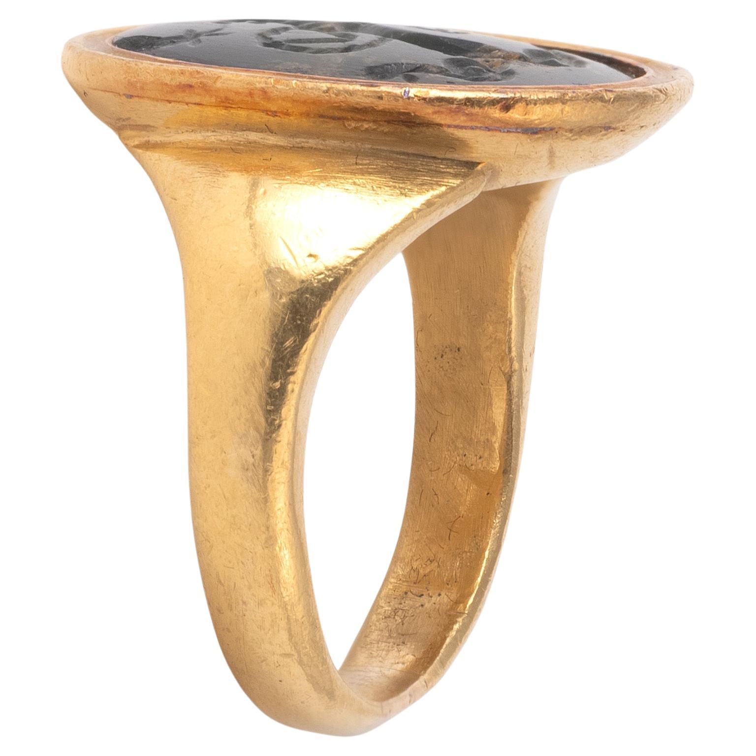 Classical Roman A Roman Magical Abrasax Heliotrope Intaglio Ring 2nd - 3rd century A.D.