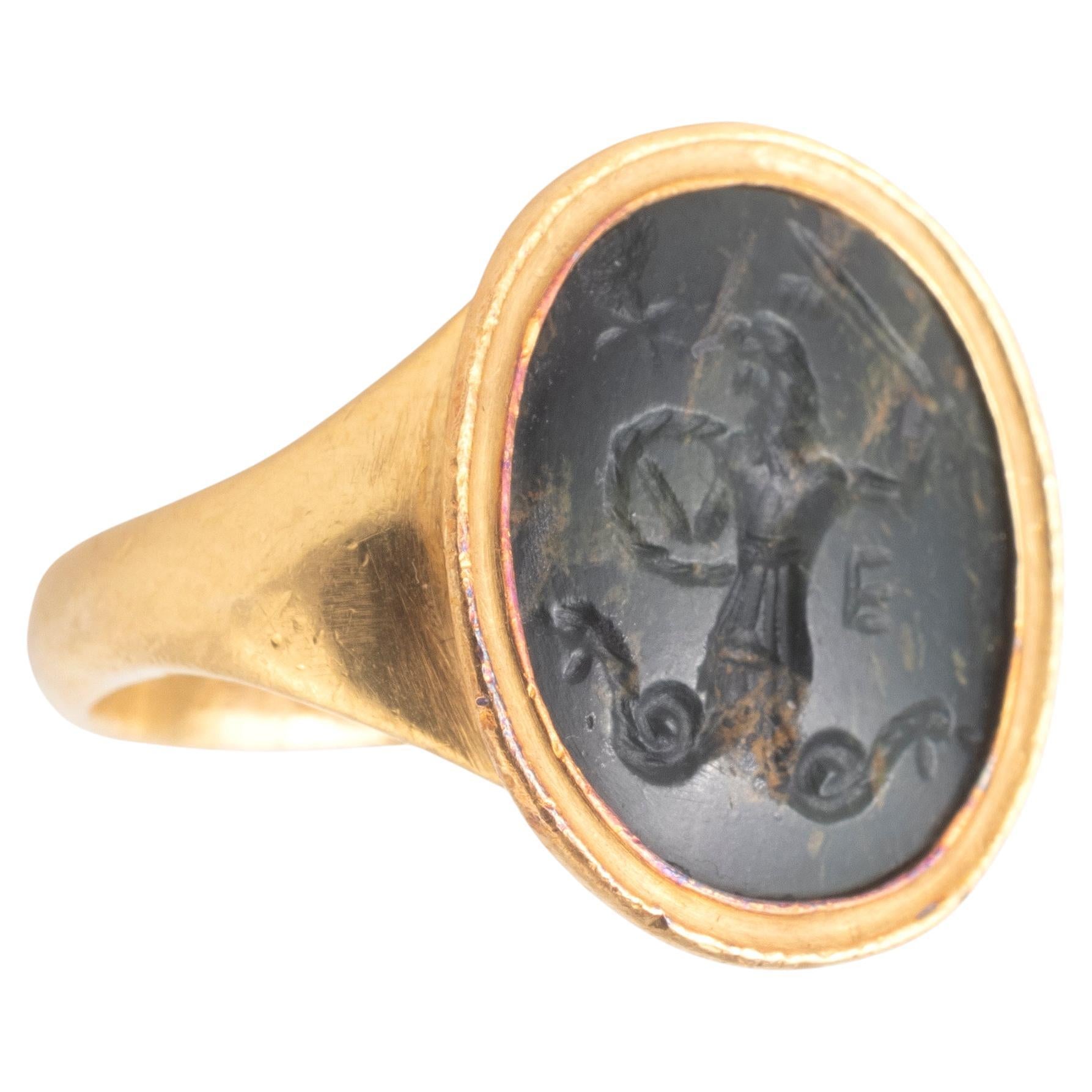 Uncut A Roman Magical Abrasax Heliotrope Intaglio Ring 2nd - 3rd century A.D.