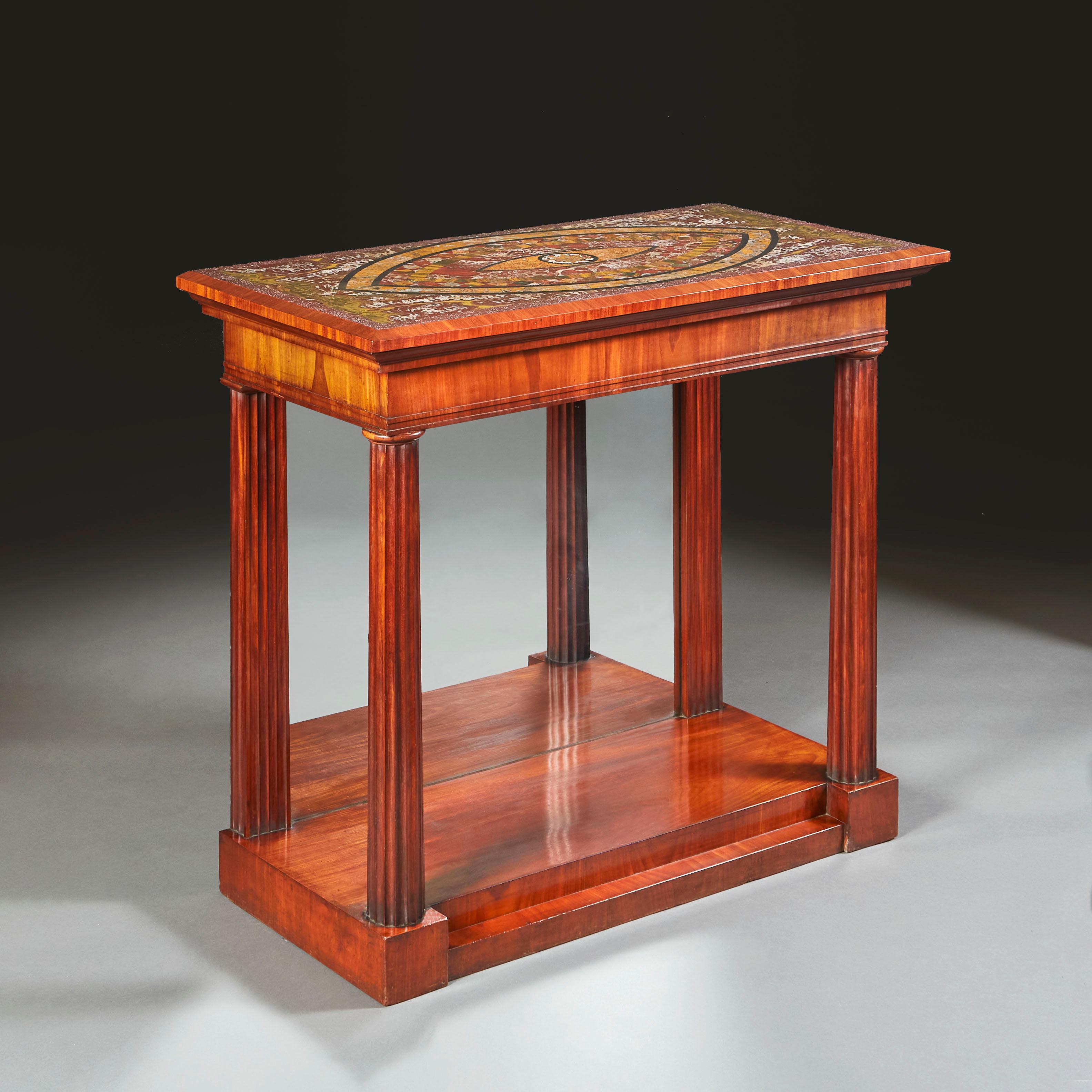An exceptional Pietra Dura conosle table, the rectangular top with navette shaped design, perhaps representing the Occhio della Providenza or ‘All-Seeing Eye’, the pupil formed of a star, the surrounding eye filled with coloured stones, the