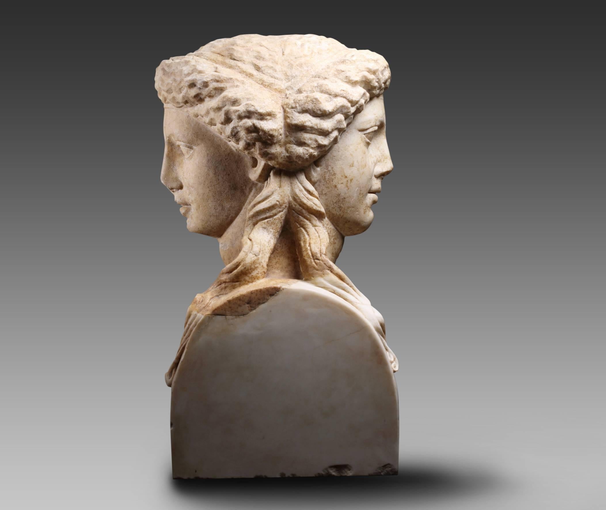 Italian Roman Marble Janiform Herm Representing Dionysus-Bacchus, 2nd Century AD For Sale
