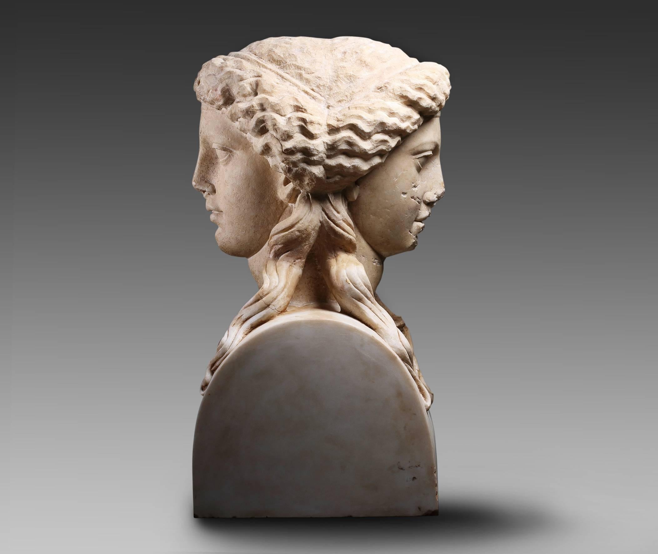 18th Century and Earlier Roman Marble Janiform Herm Representing Dionysus-Bacchus, 2nd Century AD For Sale