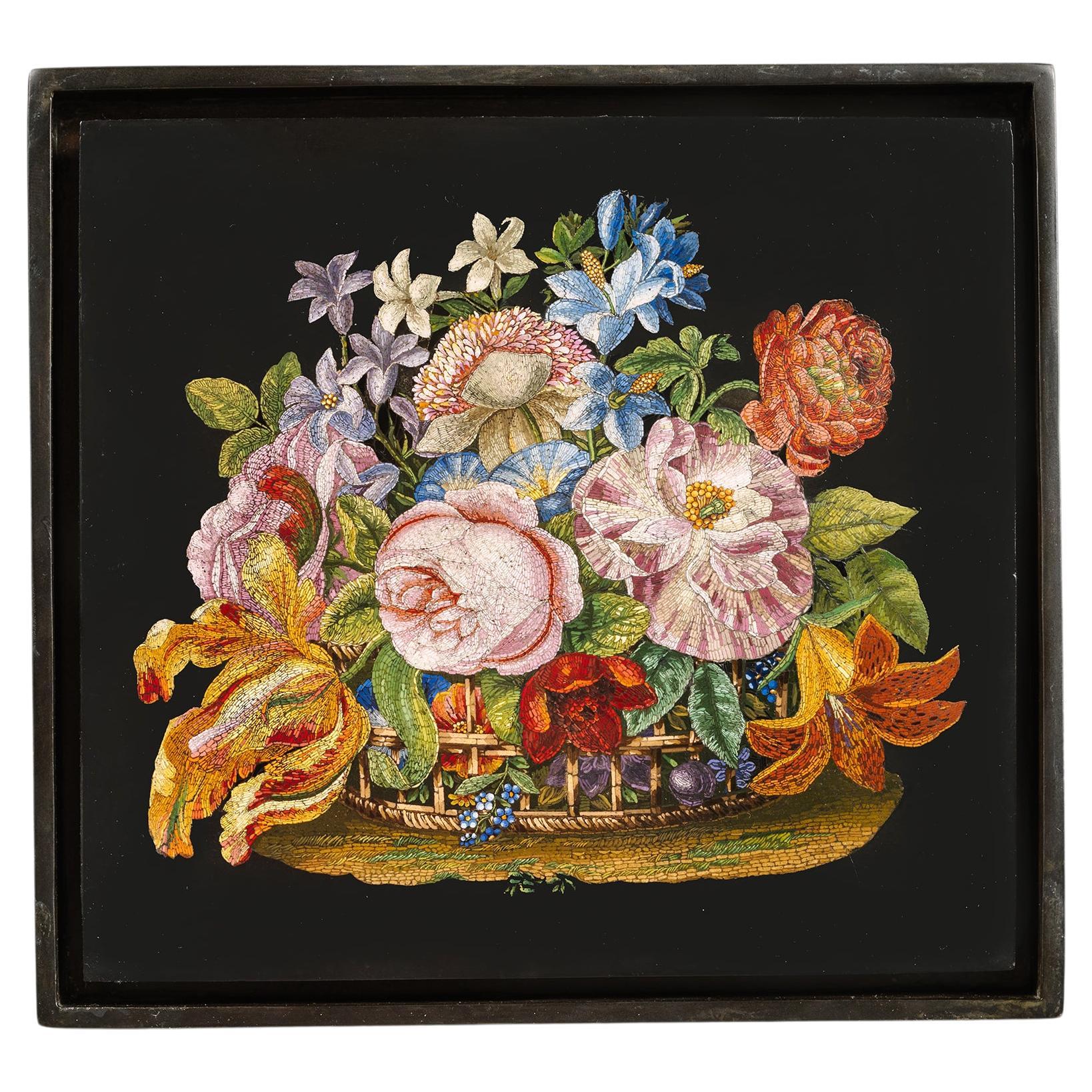 A Roman Micromosaic Plaque Depicting a Basket of Flowers For Sale