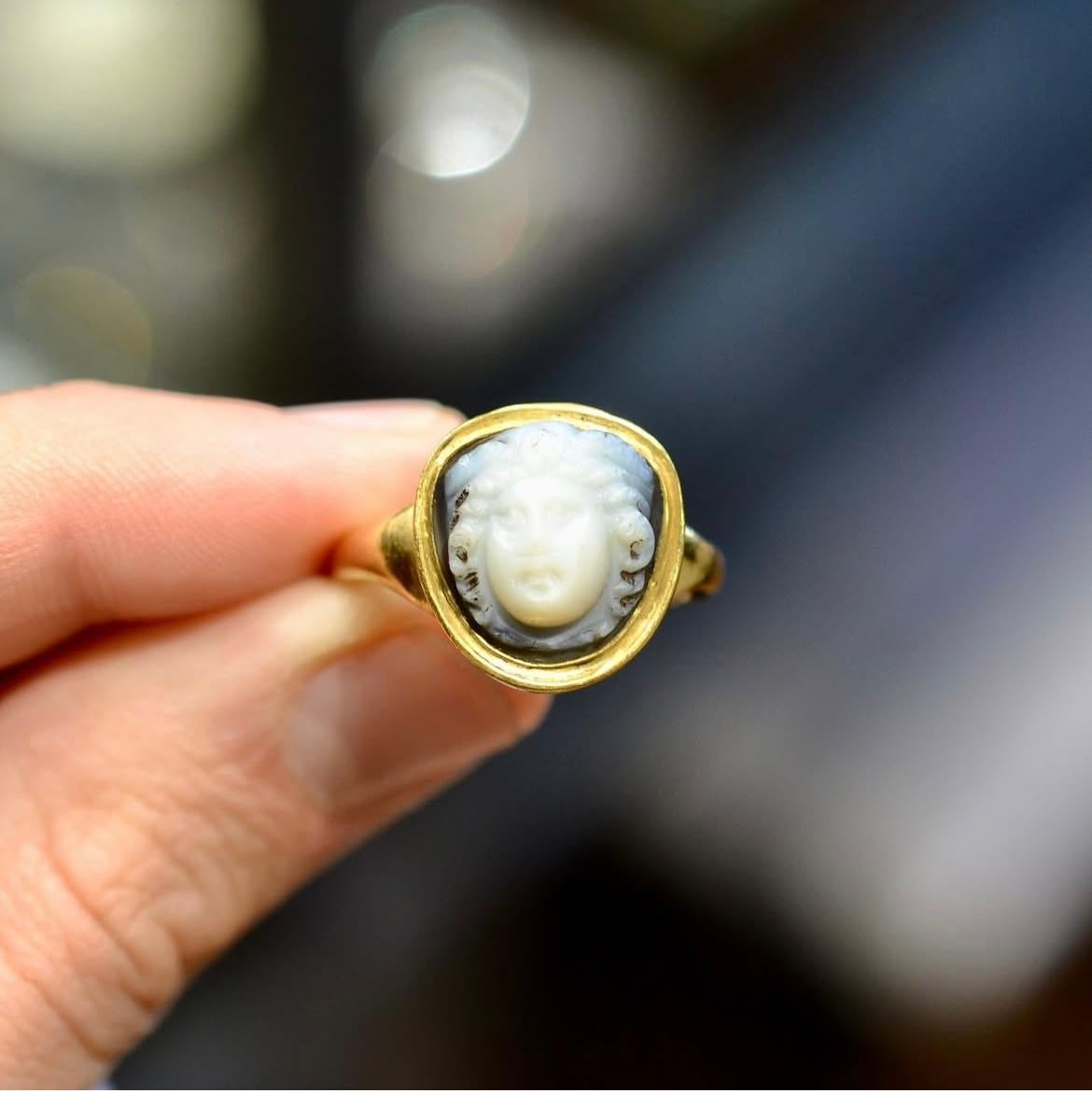 Women's or Men's A Roman Onyx Two Layers Of Gray And Blue Cameo Of Medusa Circa 2nd Century A.D. For Sale