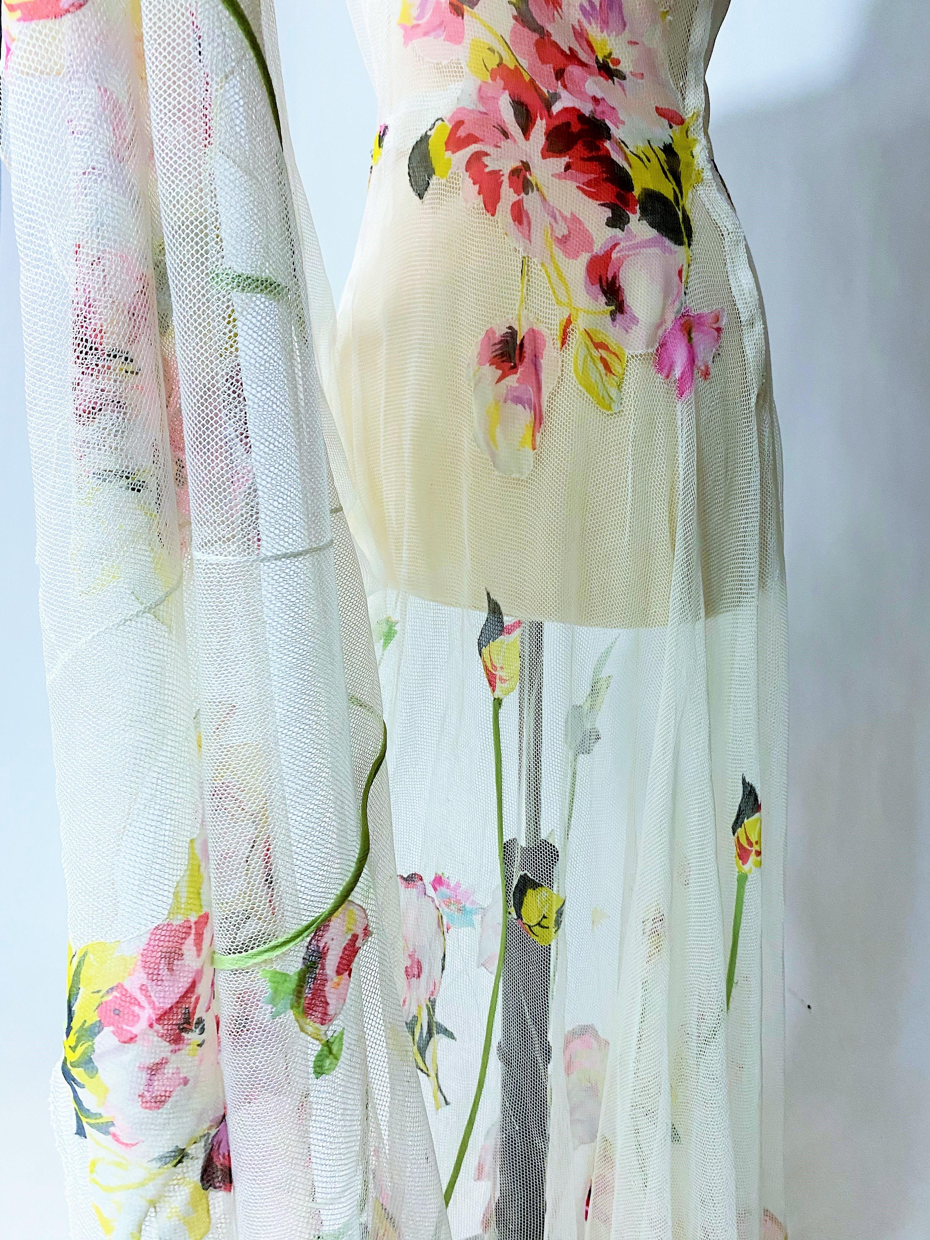 Women's A Romantic Dress in white cotton Net applied with printed Chiffon Circa 1938 For Sale