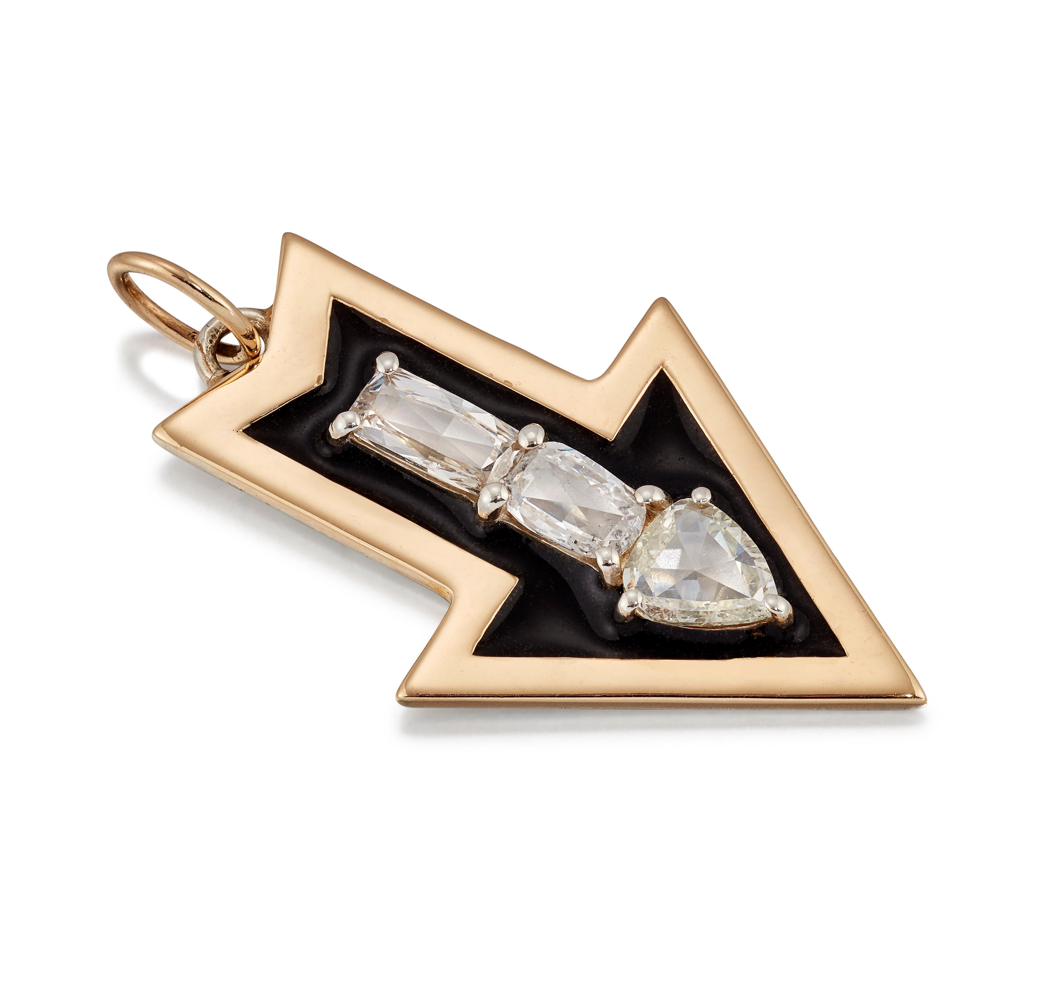 Beautiful Rose-cut Diamond and Black enamelled pendant.

Set with two elongated cushion shaped rose-cut Diamonds, to a triangular rose-cut diamond terminal, within a black enamelled border, mounted in Silver with an 18ct gold finish.