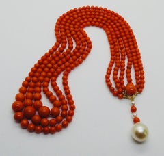 Rose Gold, Mediterranean Red Coral and Pearls 3 Strands Necklace