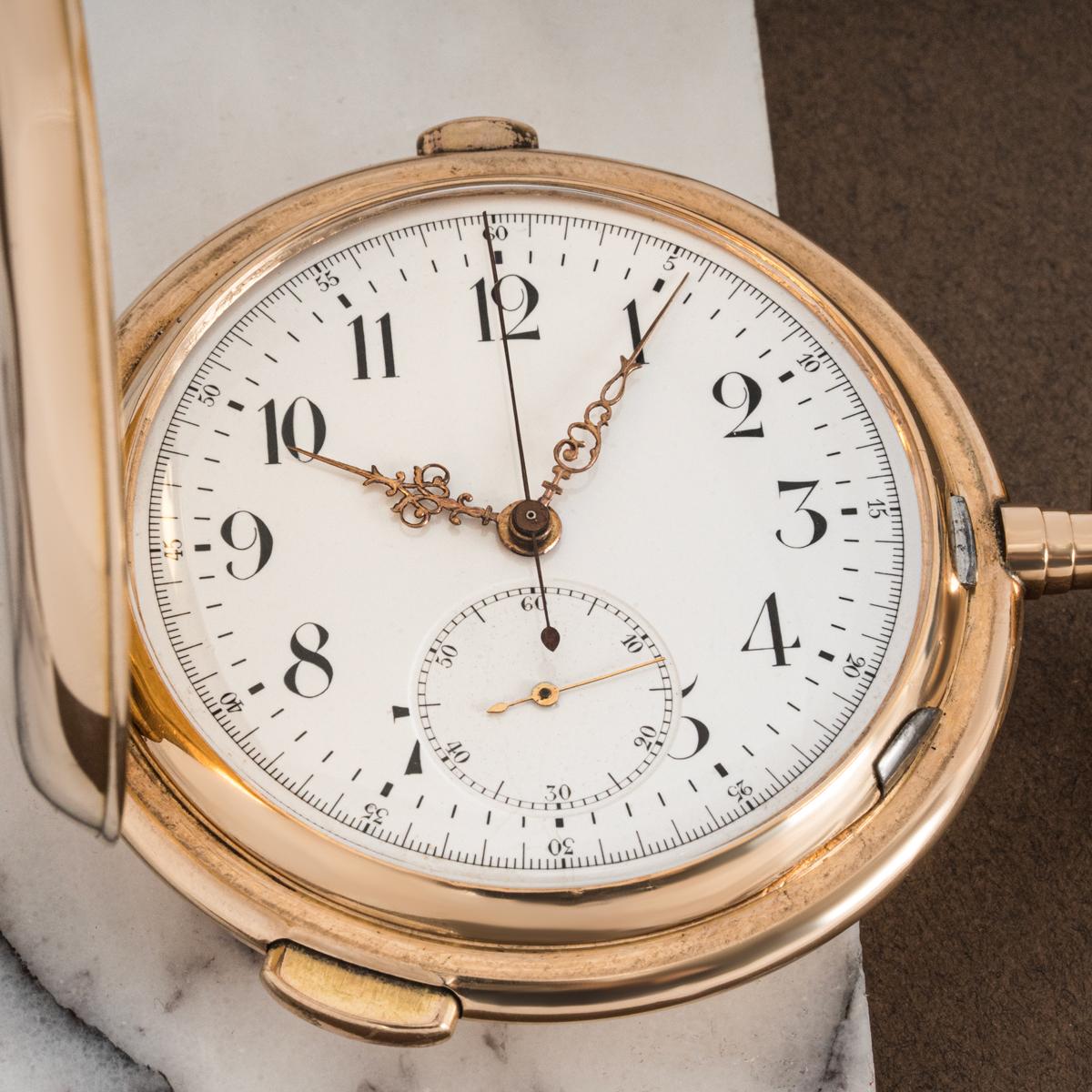 A Rose Gold Quarter Repeater Chronograph Keyless Lever Full Hunter Pocket Watch C1896.

Dial: The perfect white enamel dial with Arabic numerals outer minute track, subsidiary seconds dial at six o'clock, with rose gold coloured Louis XVI style