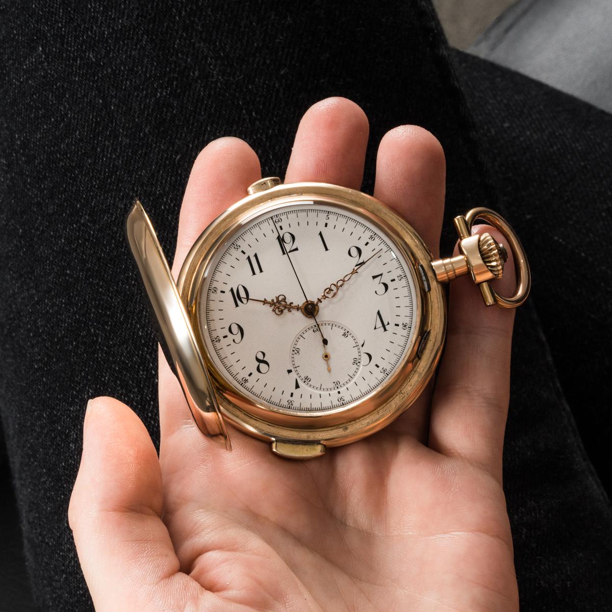 A Rose Gold Quarter Repeater Chronograph Full Hunter Pocket Watch C1896 For Sale 5