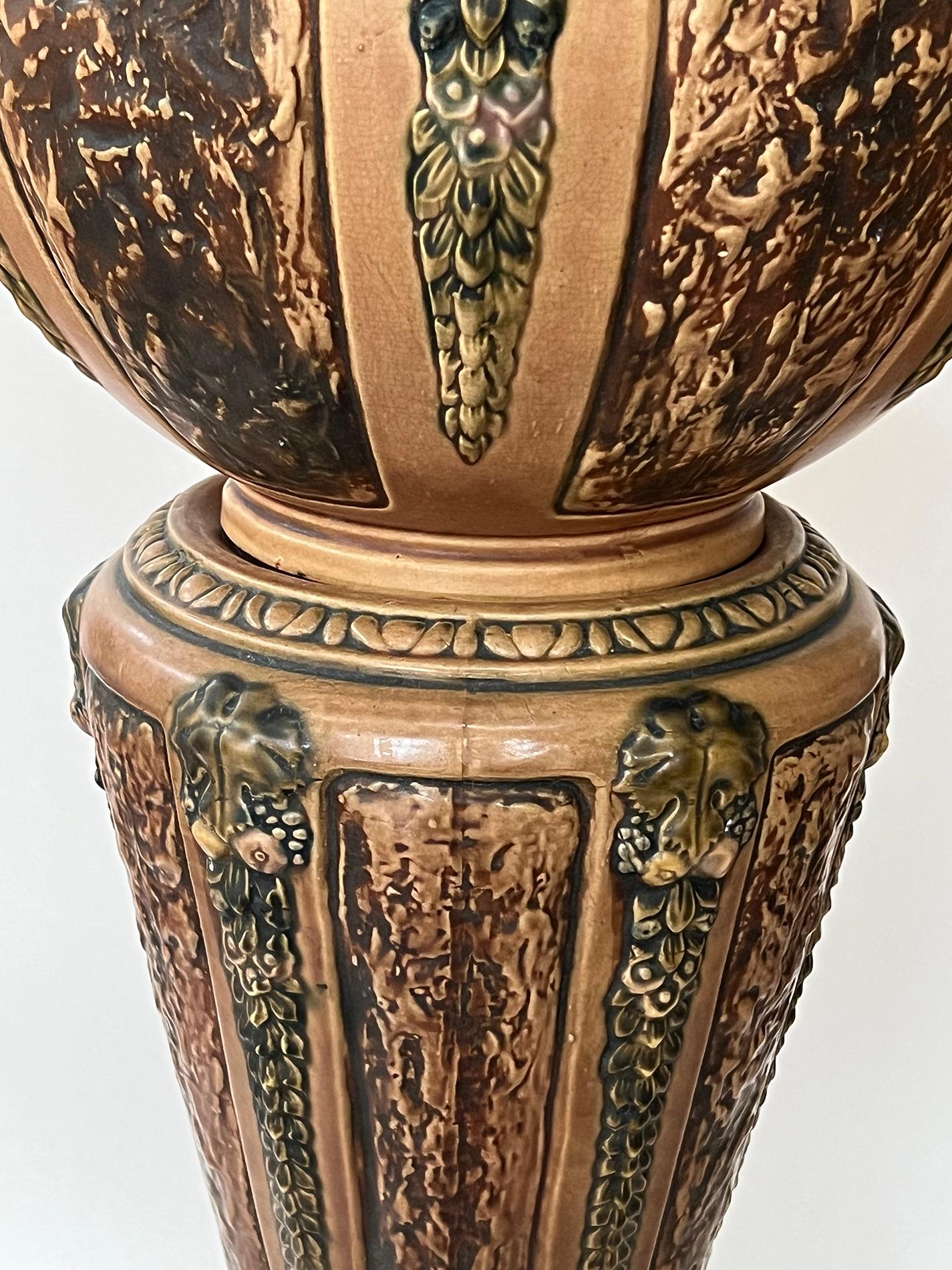 A Roseville Pottery Florentine Pattern Jardiniere on Pedestal For Sale 2
