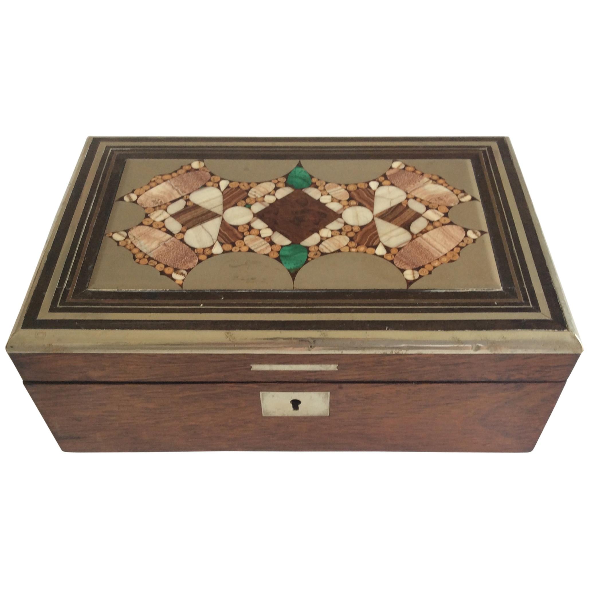Rosewood and Silver Pietra Dura Inlayed Wooden Box For Sale