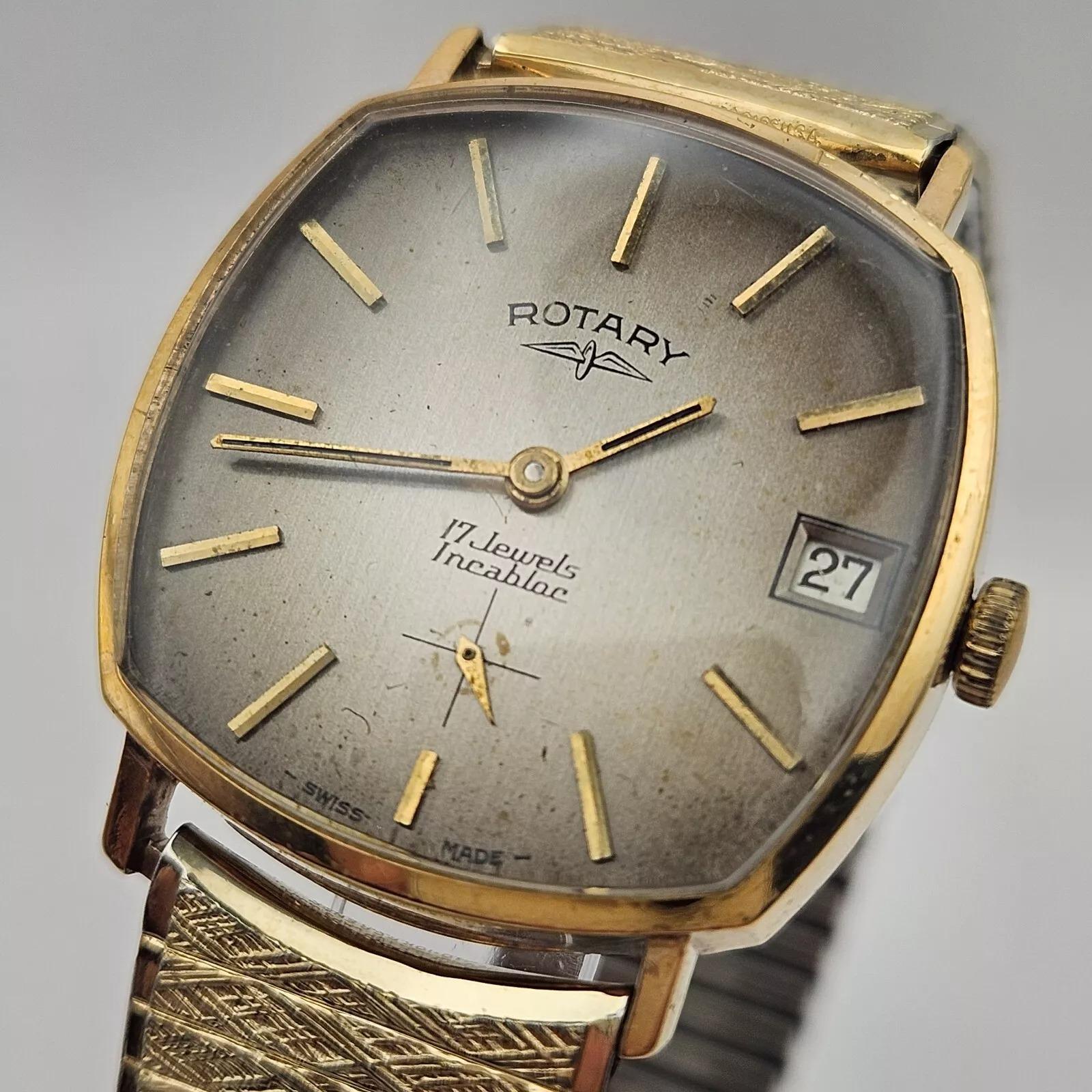 Un reloj de pulsera Rotary Incabloc para caballero, con cabezal rectangular, en gris/marrón