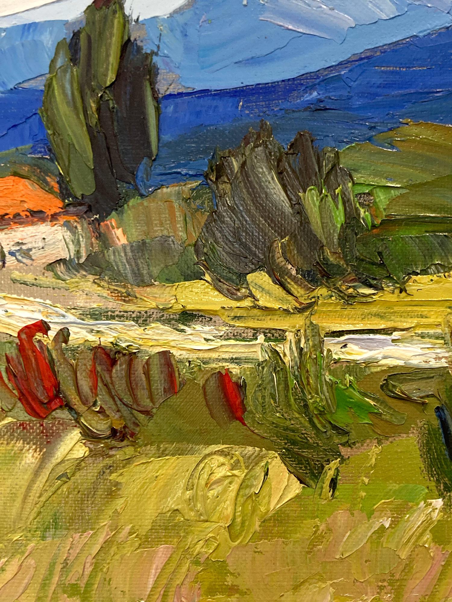 Un fuerte óleo sobre lienzo postimpresionista de André Roubaud que representa la montaña Sainte-Victoire en Francia, ejecutado con maravillosos colores y pinceladas gestuales. Con magníficos detalles, este cuadro es un maravilloso ejemplo de la obra
