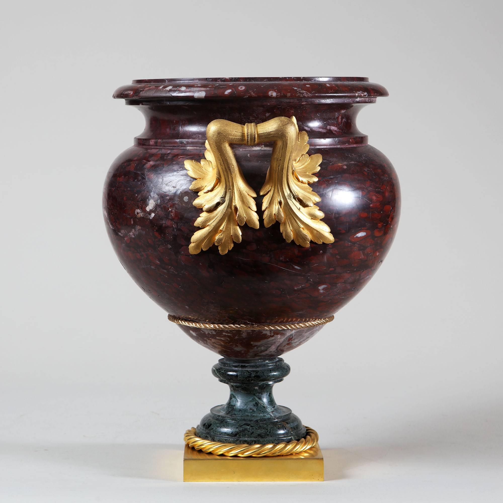French Rouge Griotte Marble and Green Marble Urn with Ormolu Mounts
