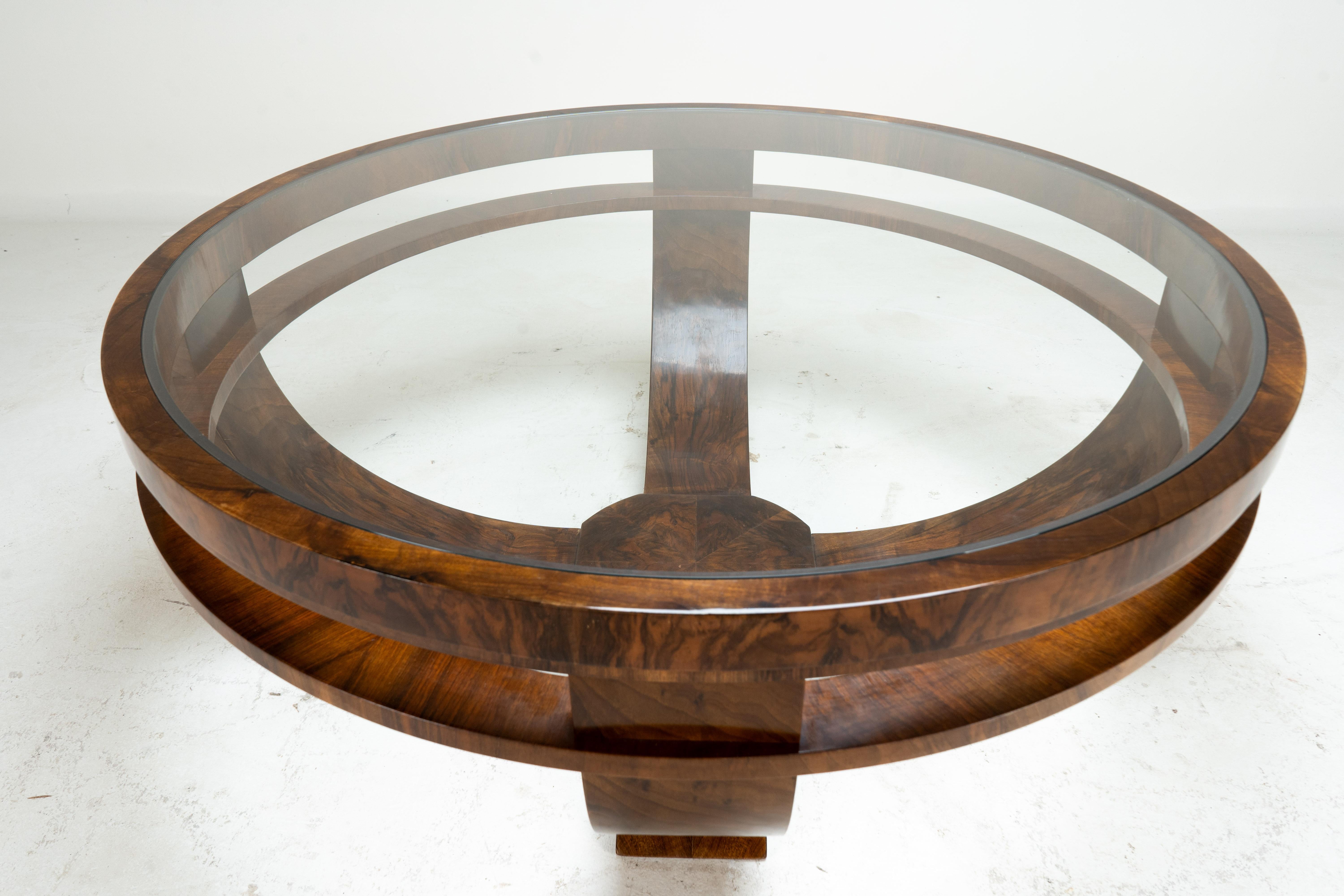 Walnut A Round Art Deco Coffee Table With Glass Top For Sale