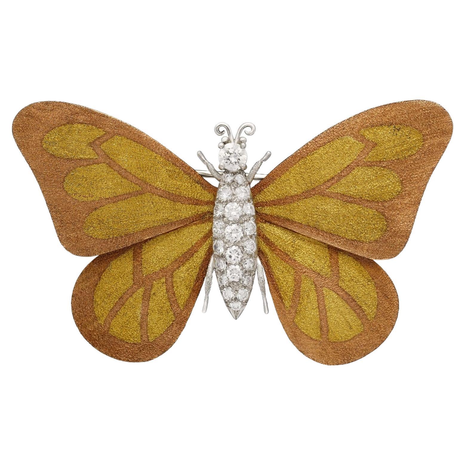 A Round Brilliant Diamond And Three Colour Gold Butterfly Brooch Circa 1960s