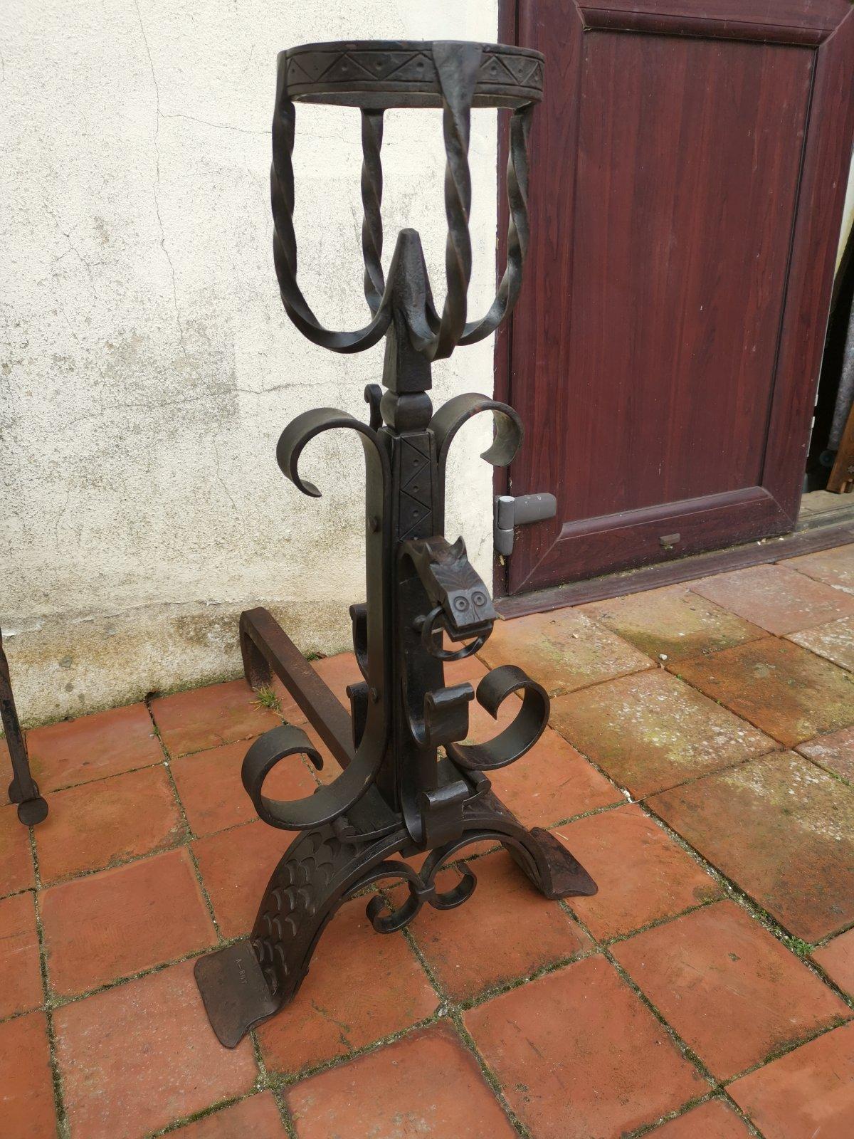 Roy Metalworker France, Hand Wrought Iron Fire Dogs & Matching Fire Tools, Set. For Sale 7