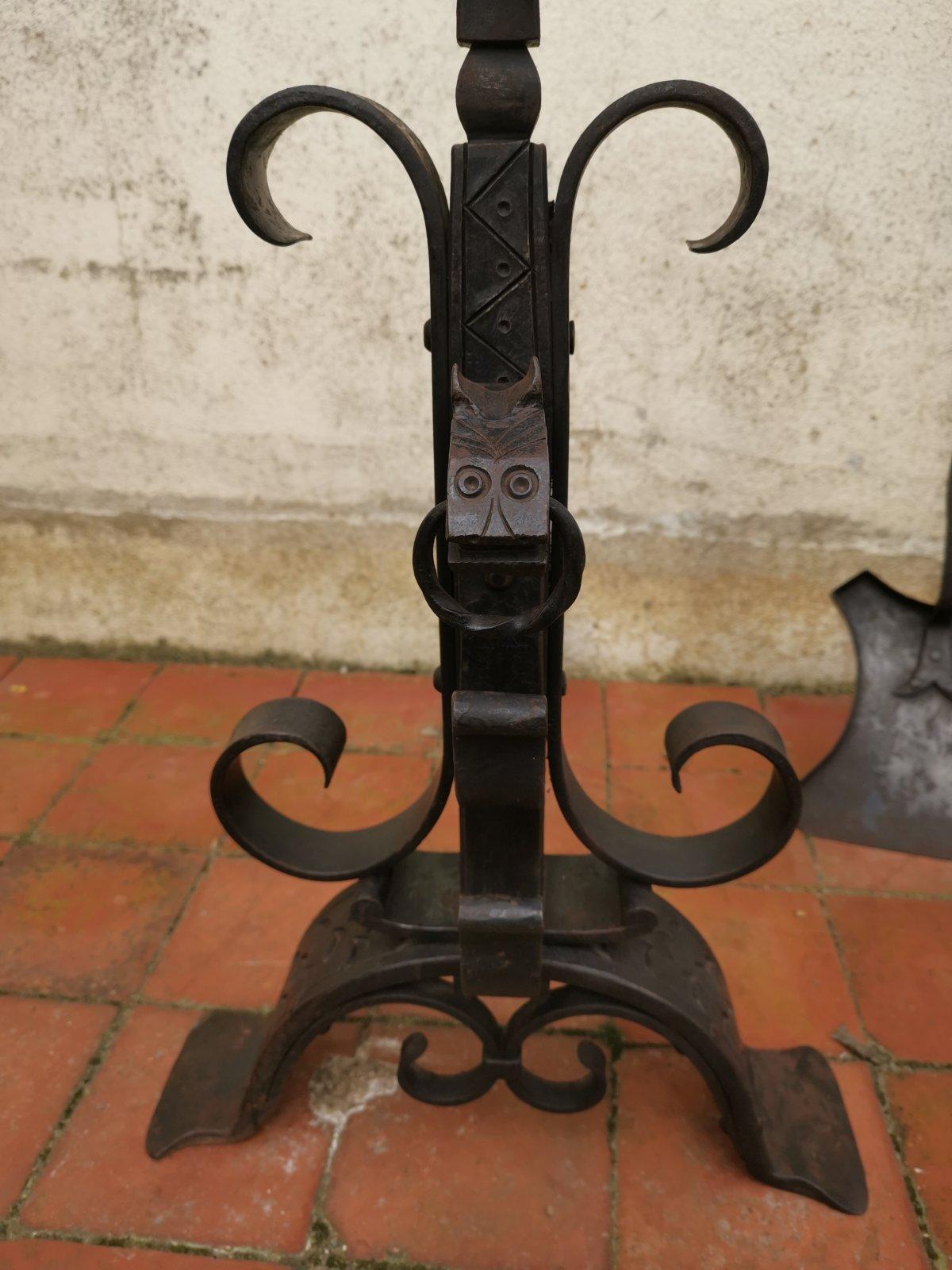 Roy Metalworker France, Hand Wrought Iron Fire Dogs & Matching Fire Tools, Set. For Sale 8