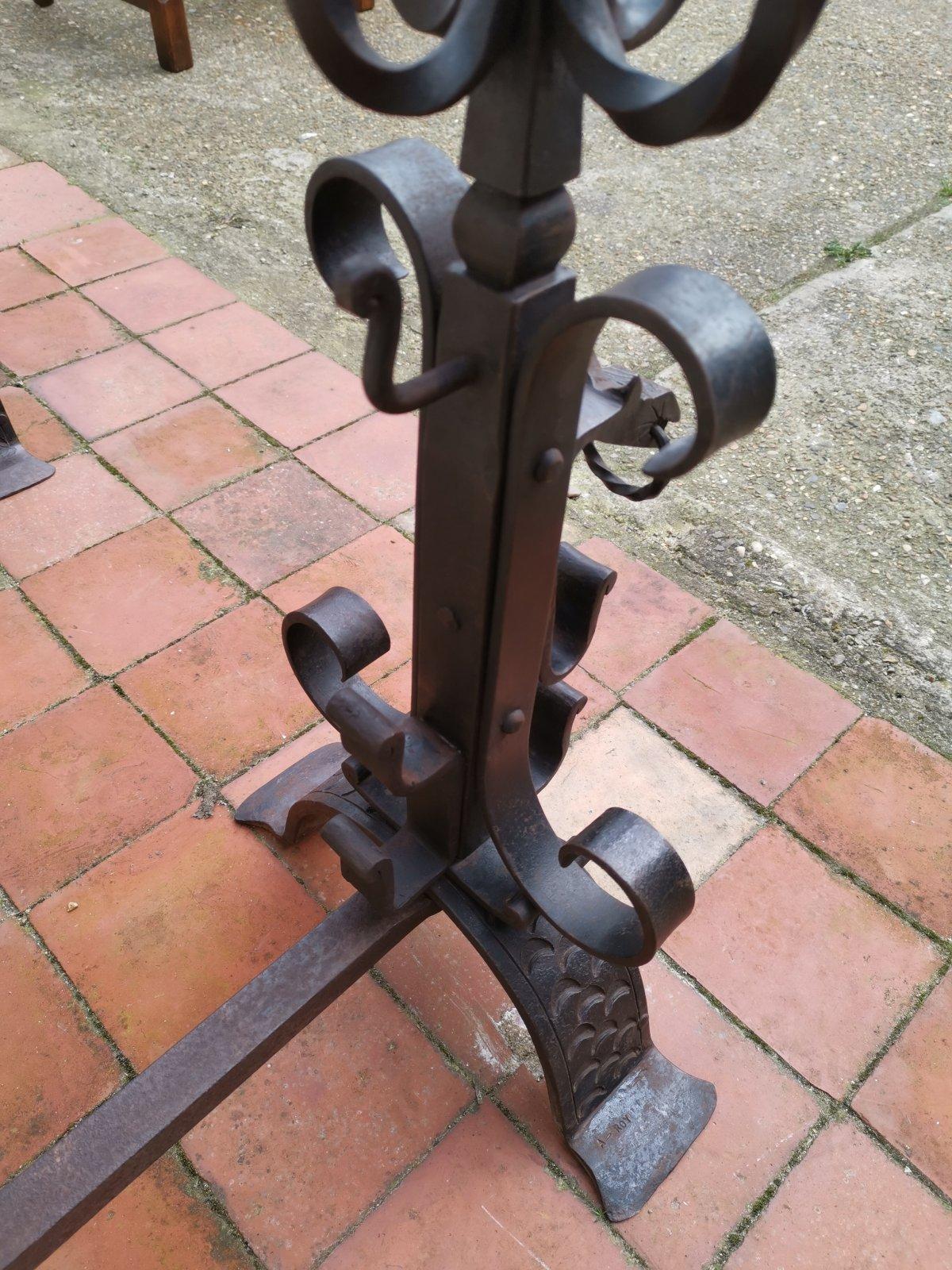 Roy Metalworker France, Hand Wrought Iron Fire Dogs & Matching Fire Tools, Set. For Sale 9