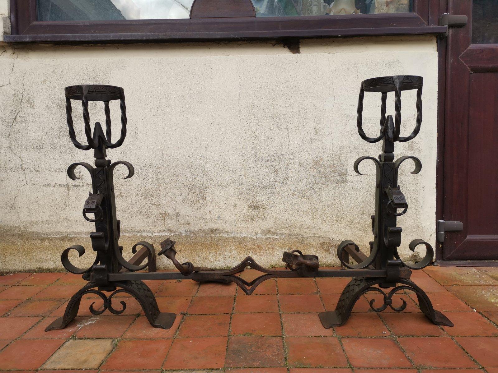 Gothic Revival Roy Metalworker France, Hand Wrought Iron Fire Dogs & Matching Fire Tools, Set. For Sale
