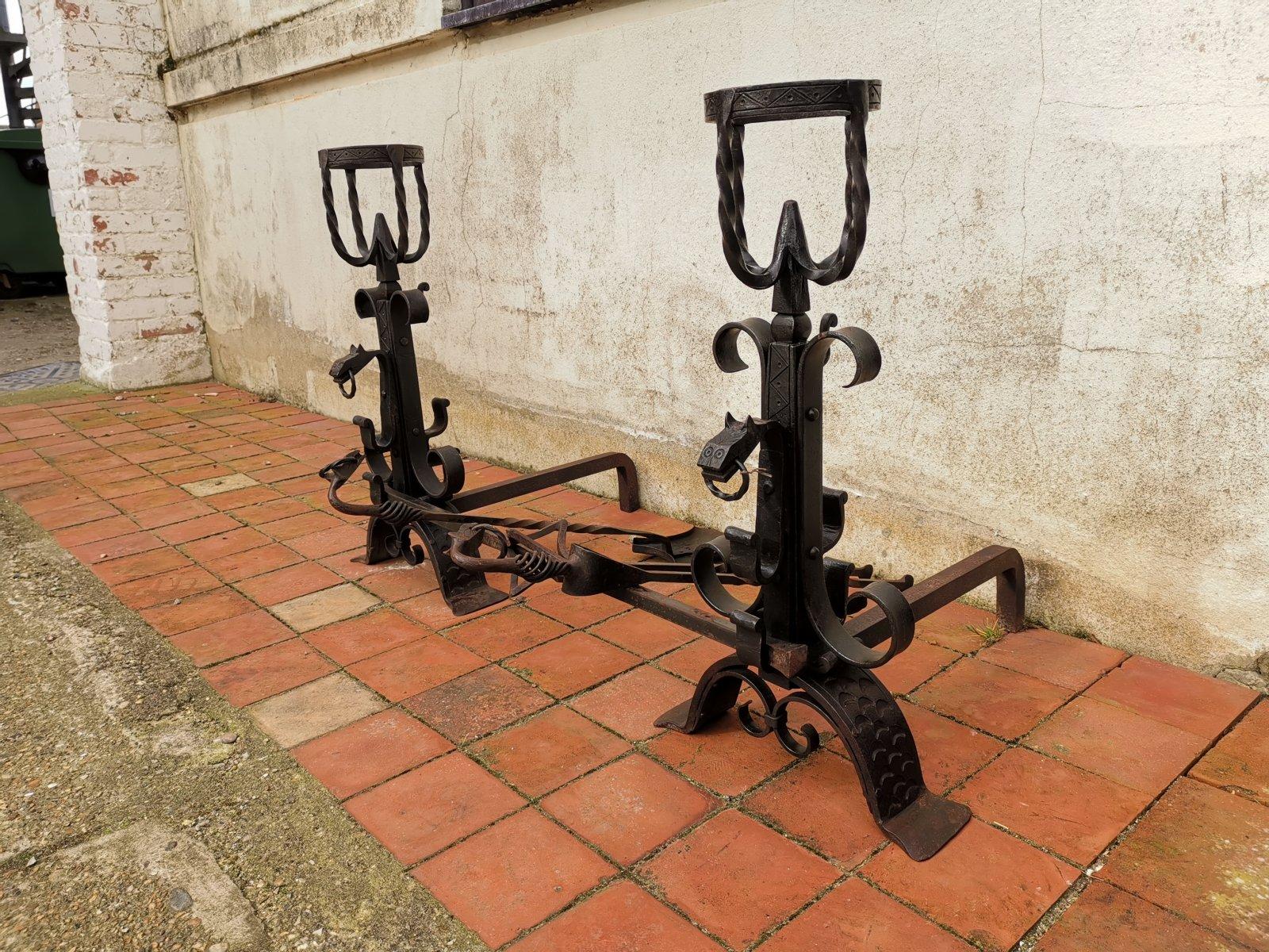 French Roy Metalworker France, Hand Wrought Iron Fire Dogs & Matching Fire Tools, Set. For Sale