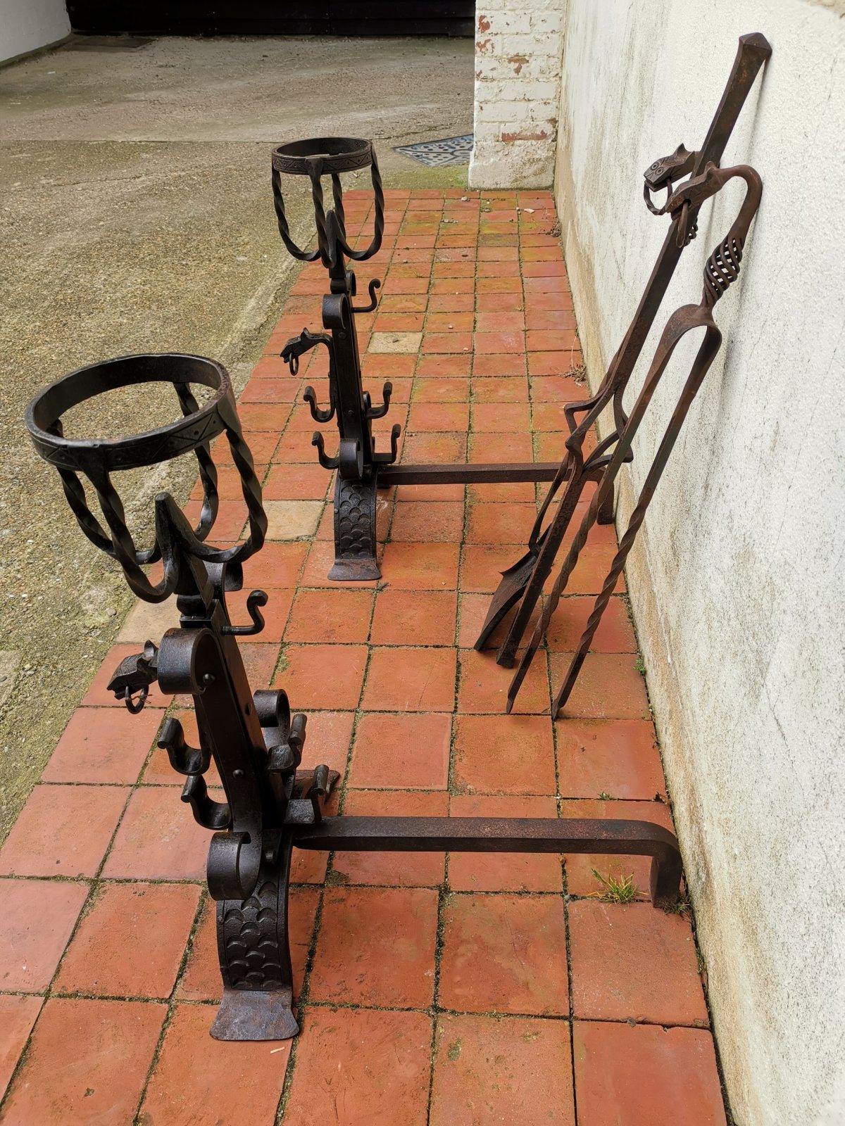 Late 19th Century Roy Metalworker France, Hand Wrought Iron Fire Dogs & Matching Fire Tools, Set. For Sale