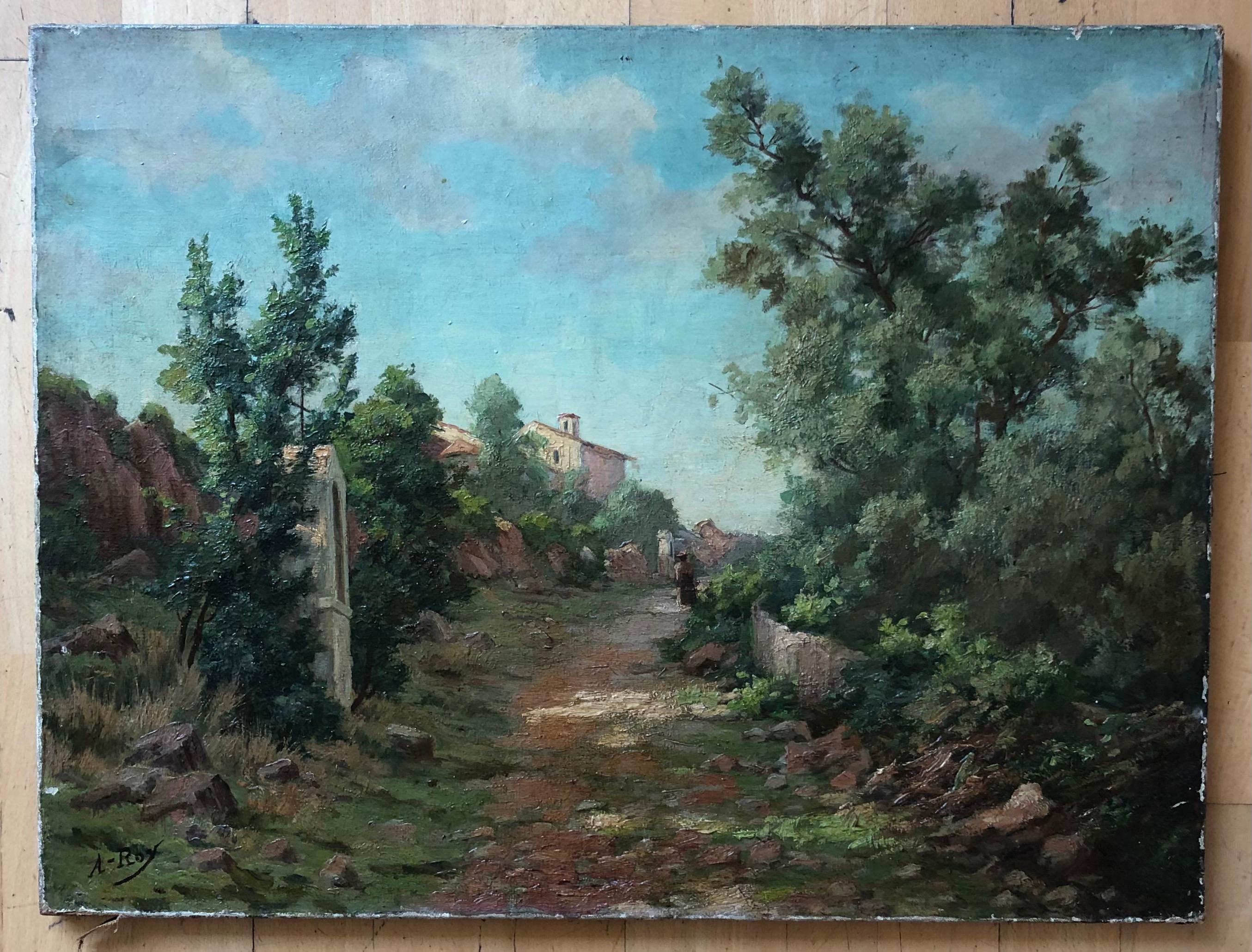 Street of a rural village in summer - Painting by A. Roy