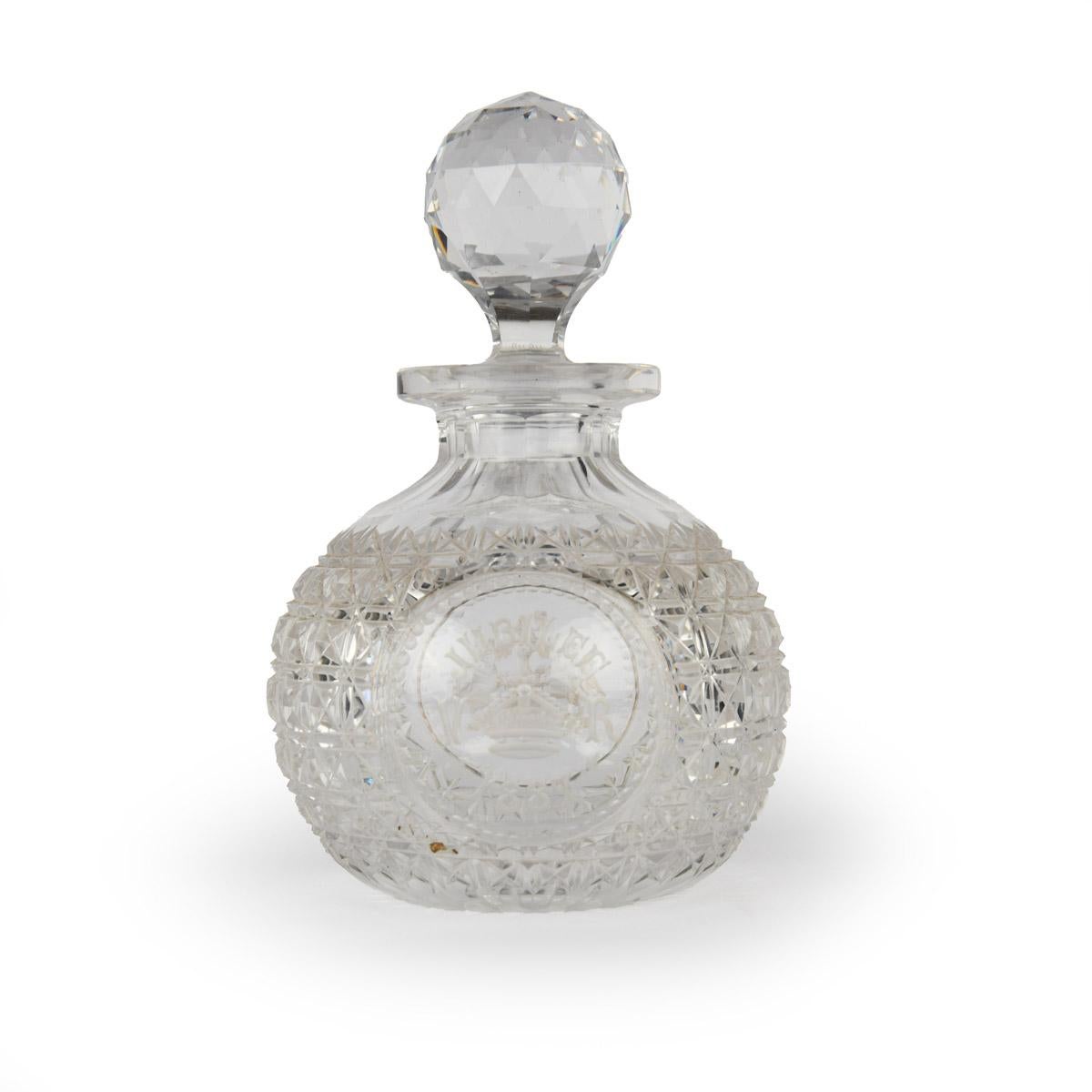 A Royal Commemorative Cut Crystal Glass 1887 Golden Jubilee Scent Bottle or Perfume Flask with Arms of the Grocer’s Company and Original Presentation Box

A round flask of finest English lead crystal glass, profusely cut to all sides, including the