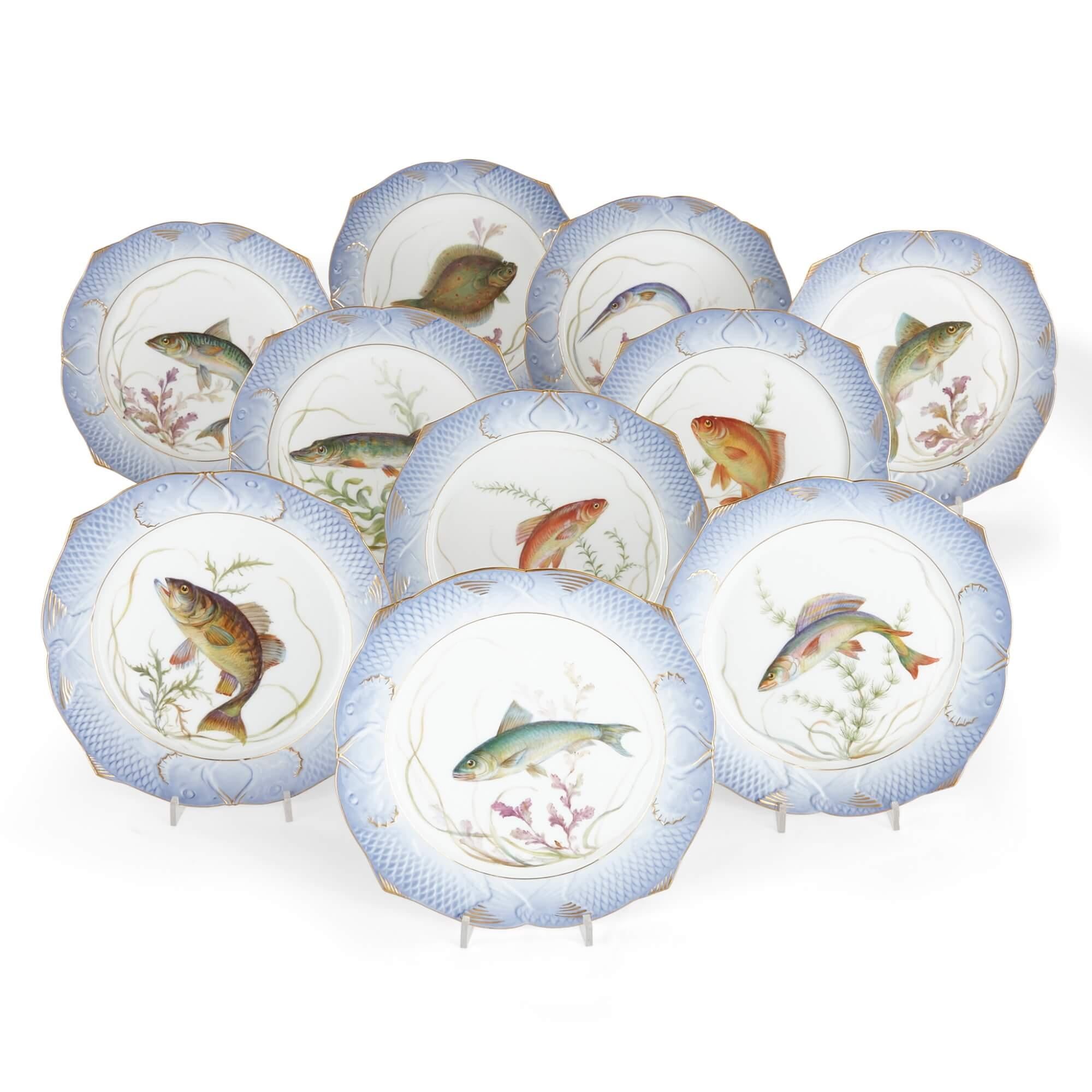 A Royal Copenhagen Ichthyological porcelain part dinner 'fish-service'
Danish, 20th century
Plates: height 2cm, diameter 24cm
Long dish: height 5cm, width 60cm, depth 24cm

Consisting of thirteen pieces: one circular tureen and cover, one gravy