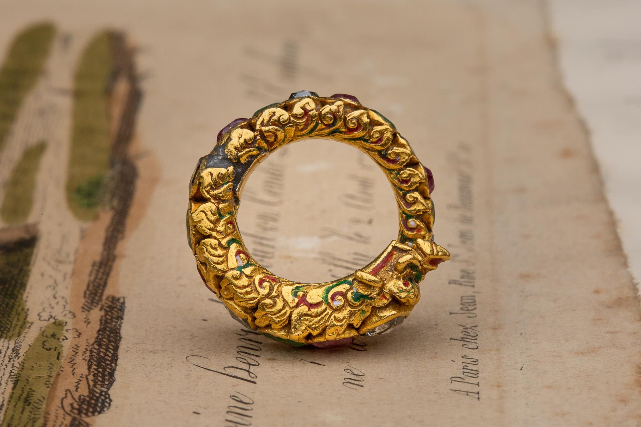 Rose Cut Royal Thai Siam Antique 18th Century Heavy 22K Gold Rare Naga Serpent Ring