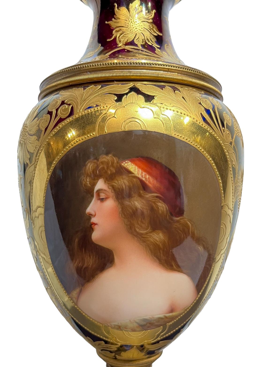 An elegant Royal Vienna porcelain vase with painted portrait of a beautiful woman on one side and beautiful gold gilt flowers on the reverse.

Origin: Austrian
Date: 19th century
Dimension: 18 x 6 in 