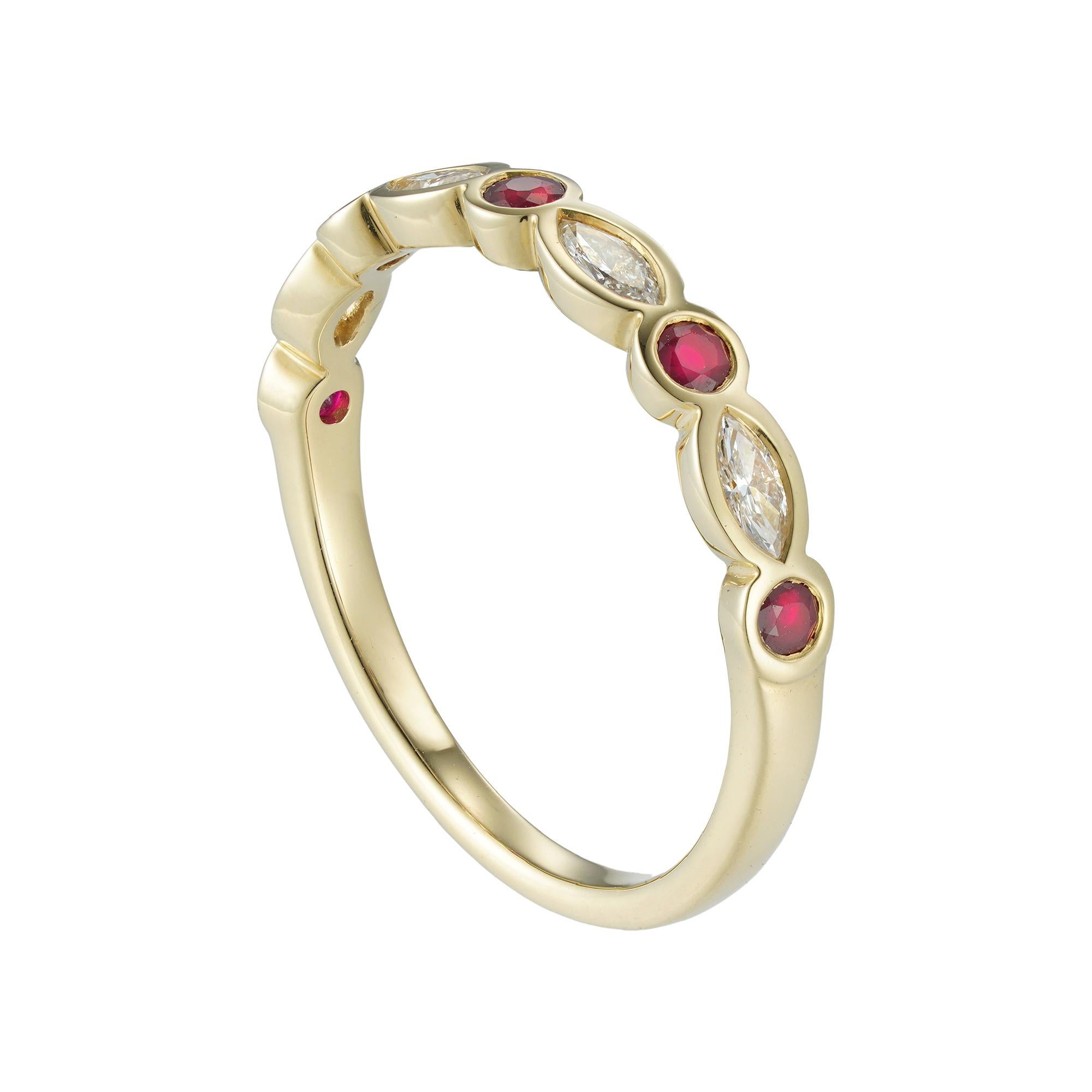 A ruby and diamond half eternity ring, consisting of five round brilliant-cut rubies set with four marquise-cut diamonds in-between, all rubover-set in yellow gold with square section/shank, hallmarked 18ct gold Sheffield, the head measuring