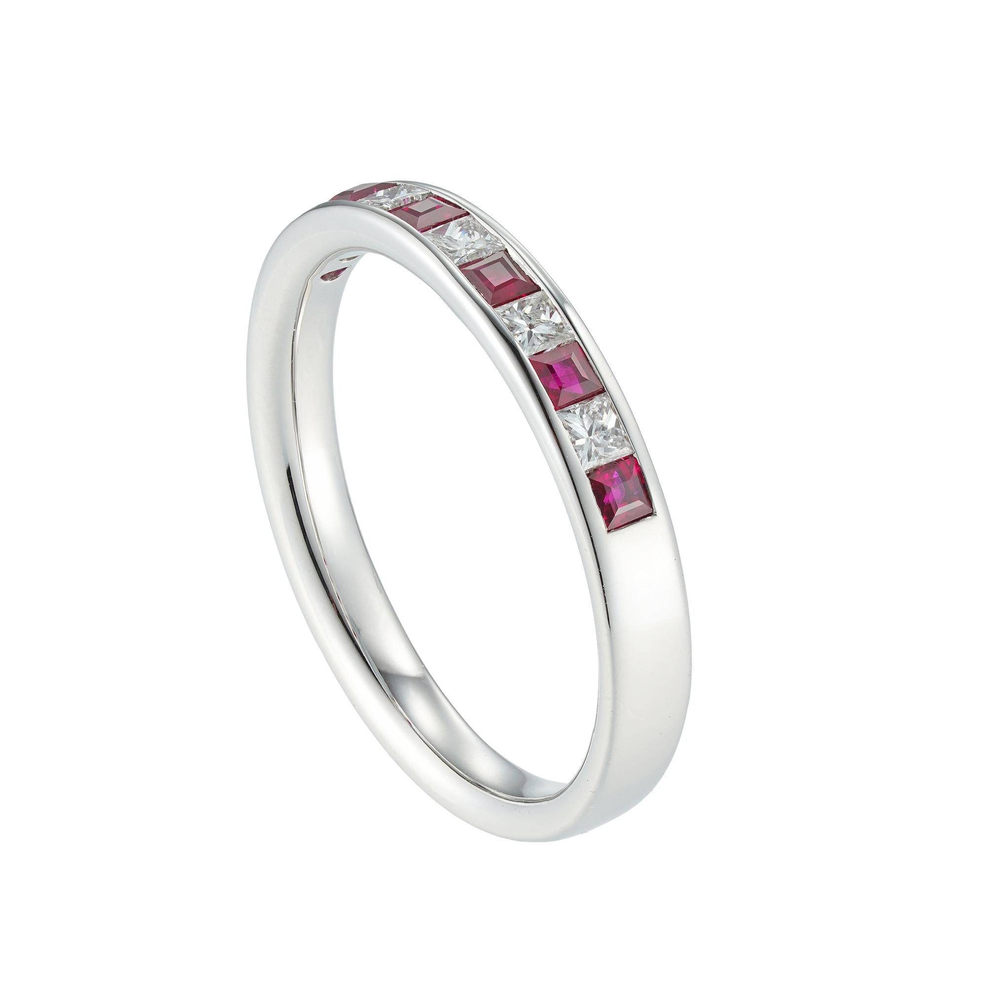 A ruby and diamond half eternity ring, consisting of six princess-cut rubies weighing 0.31 carats set with five princess-cut diamonds in-between, the diamonds weighing 0.2 carats in total, all channel-set in white gold mount, hallmarked 18ct gold