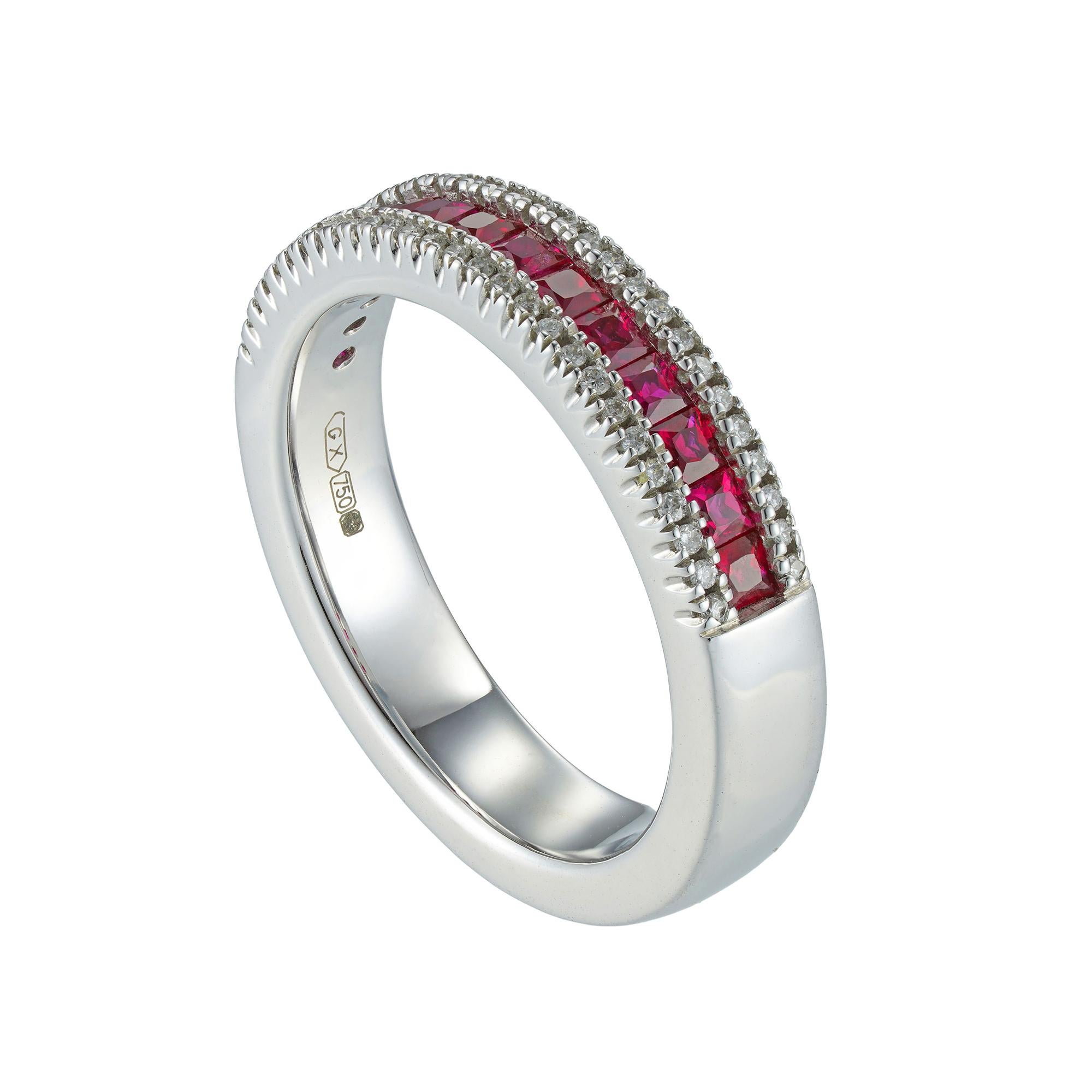 A ruby and diamond-set ring, the central row with fourteen princess-cut rubies weighing 0.72 carats in total, set between two rows or round brilliant-cut diamonds, weighing 0.16 carats in total, all mounted in white gold, hallmarked 18ct Sheffield,