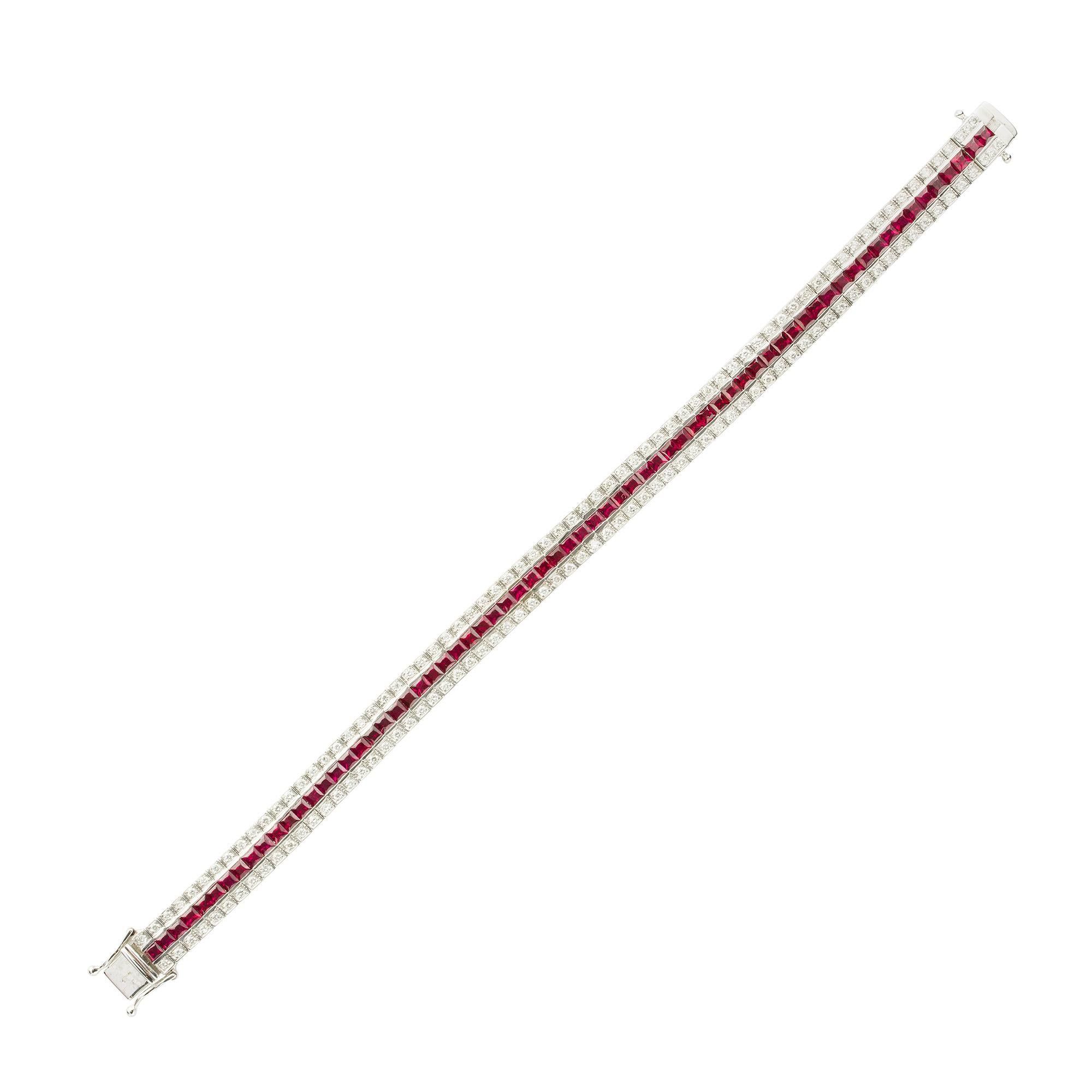 Modern Ruby and Diamond Three Line Bracelet For Sale