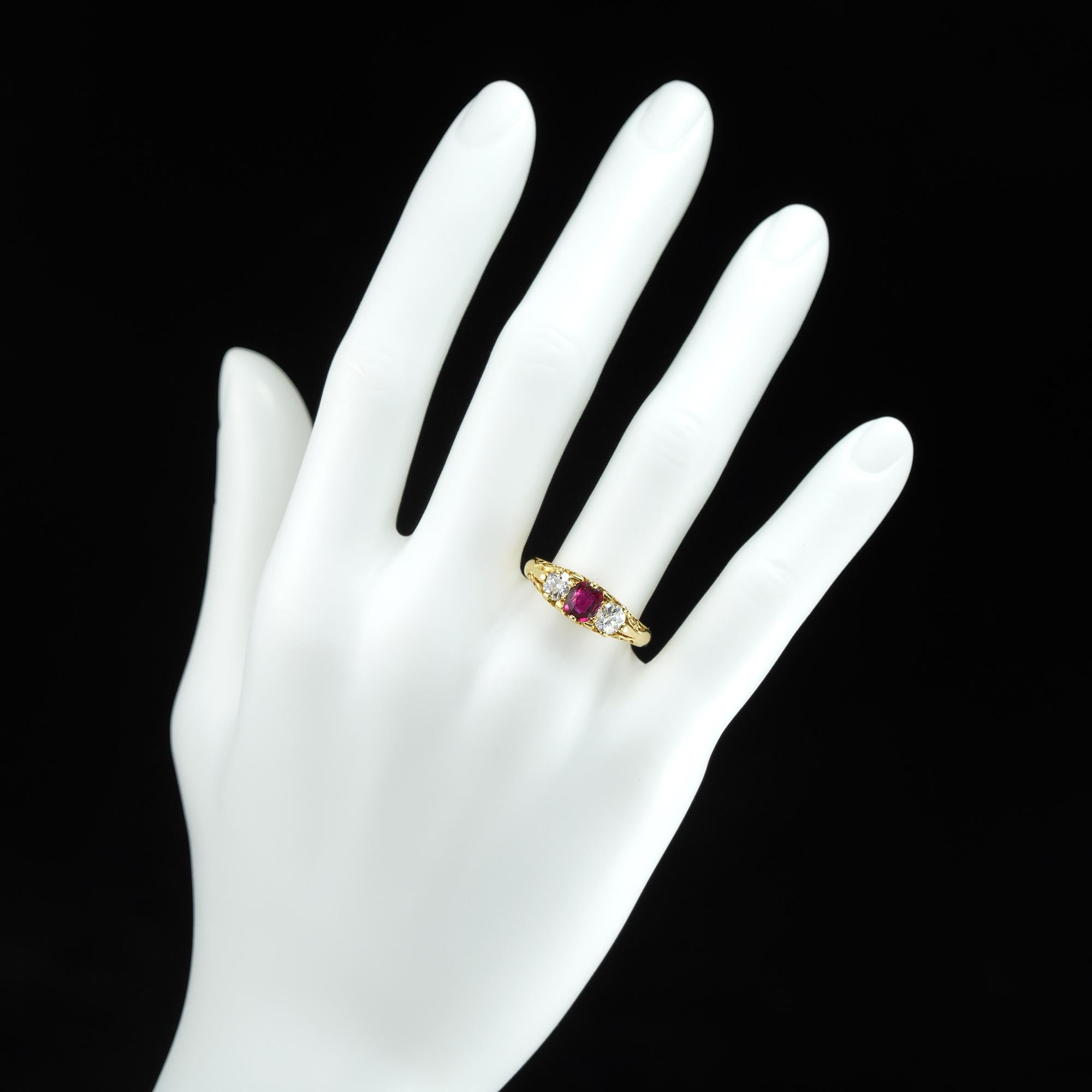 Antique Cushion Cut Ruby and Diamond Three-Stone Ring For Sale