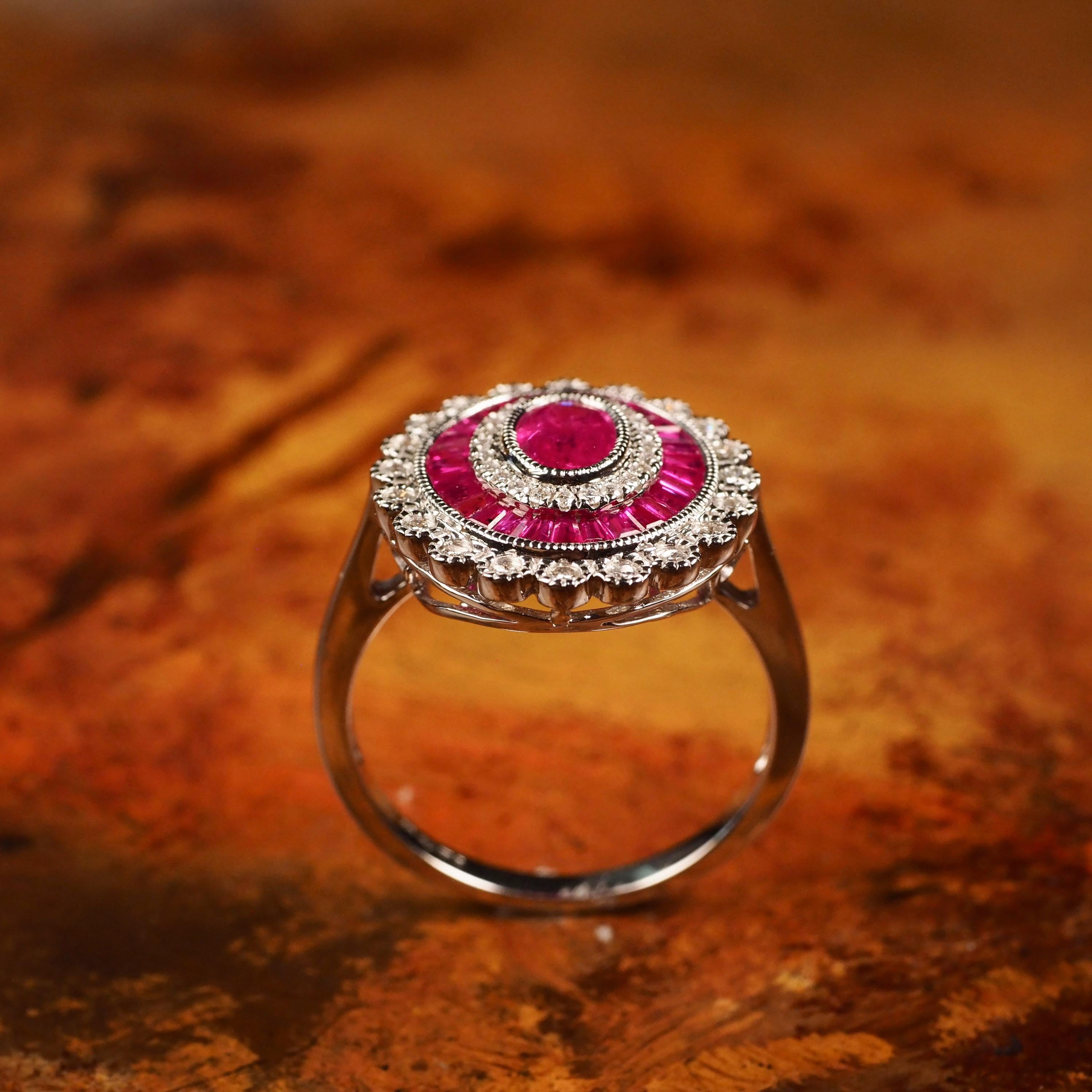 18 Karat Weißgold Cluster Target / Blumenring mit Rubin und Diamant 5