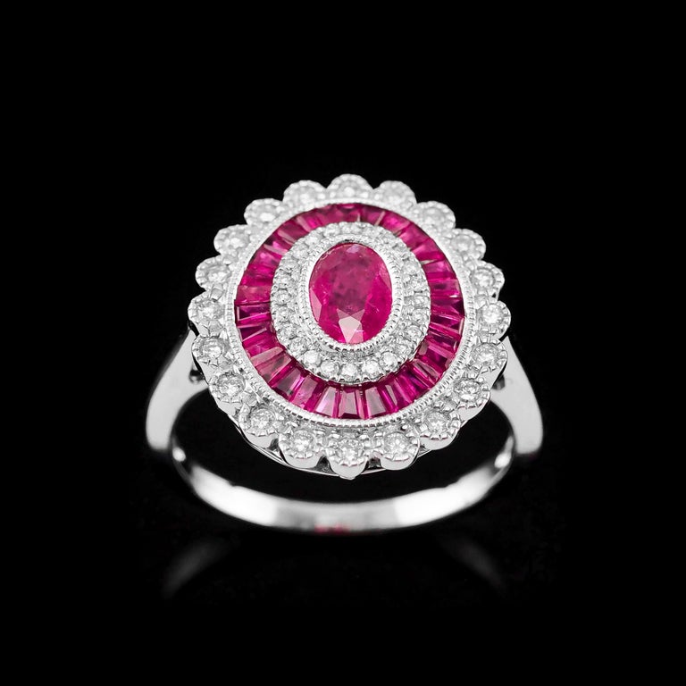Ruby and Diamond 18k White Gold Cluster Target / Flower Ring For Sale ...