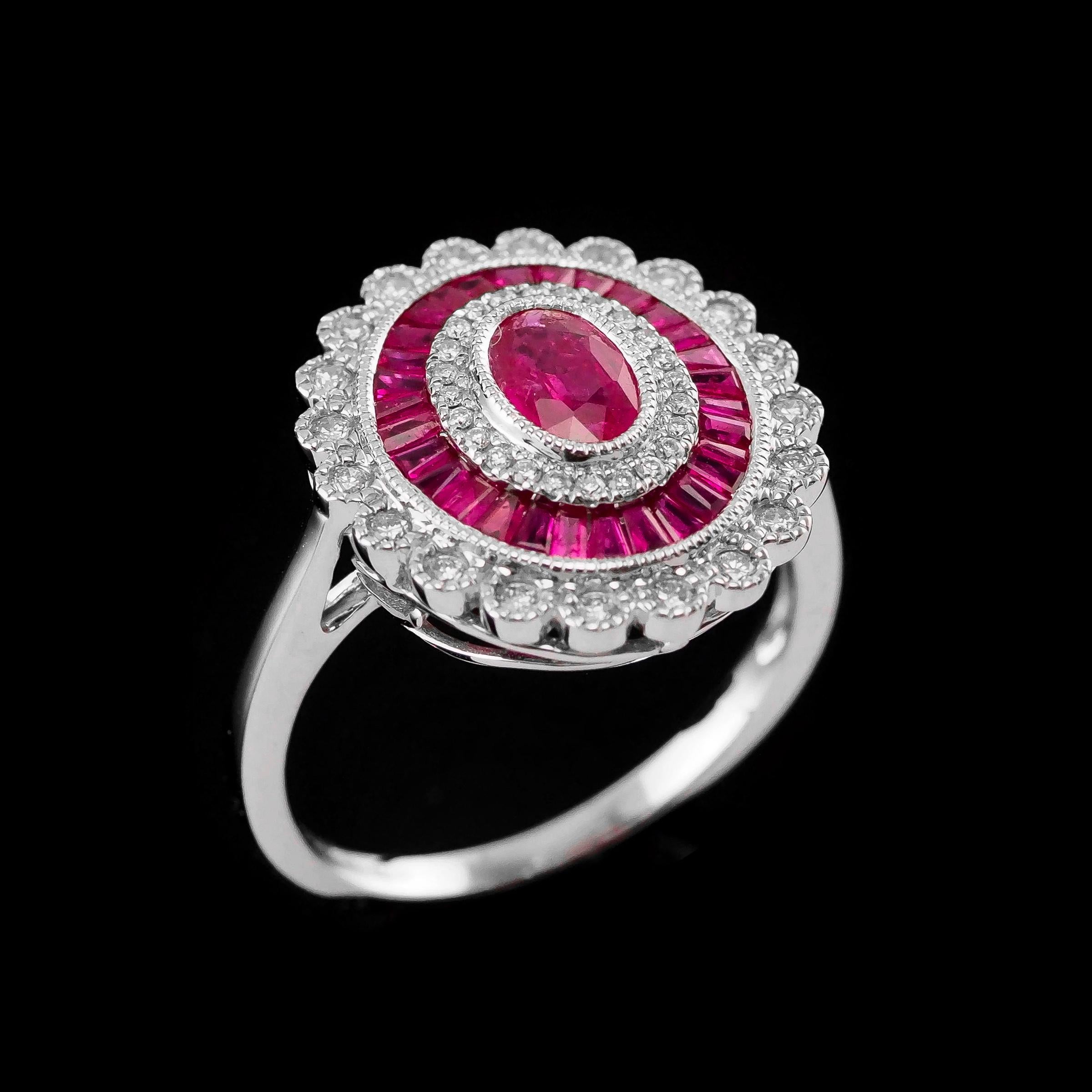 18 Karat Weißgold Cluster Target / Blumenring mit Rubin und Diamant 7
