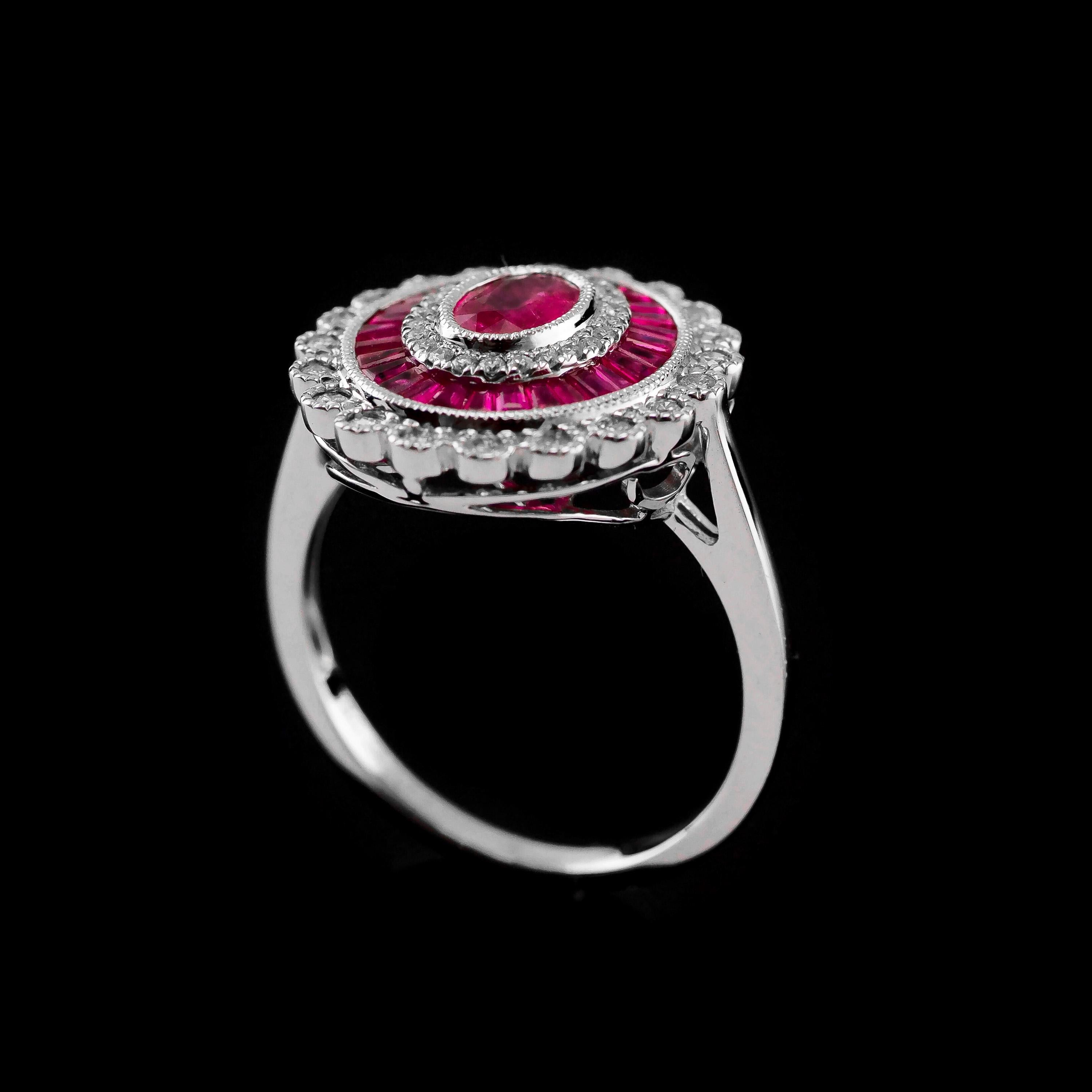 18 Karat Weißgold Cluster Target / Blumenring mit Rubin und Diamant 8