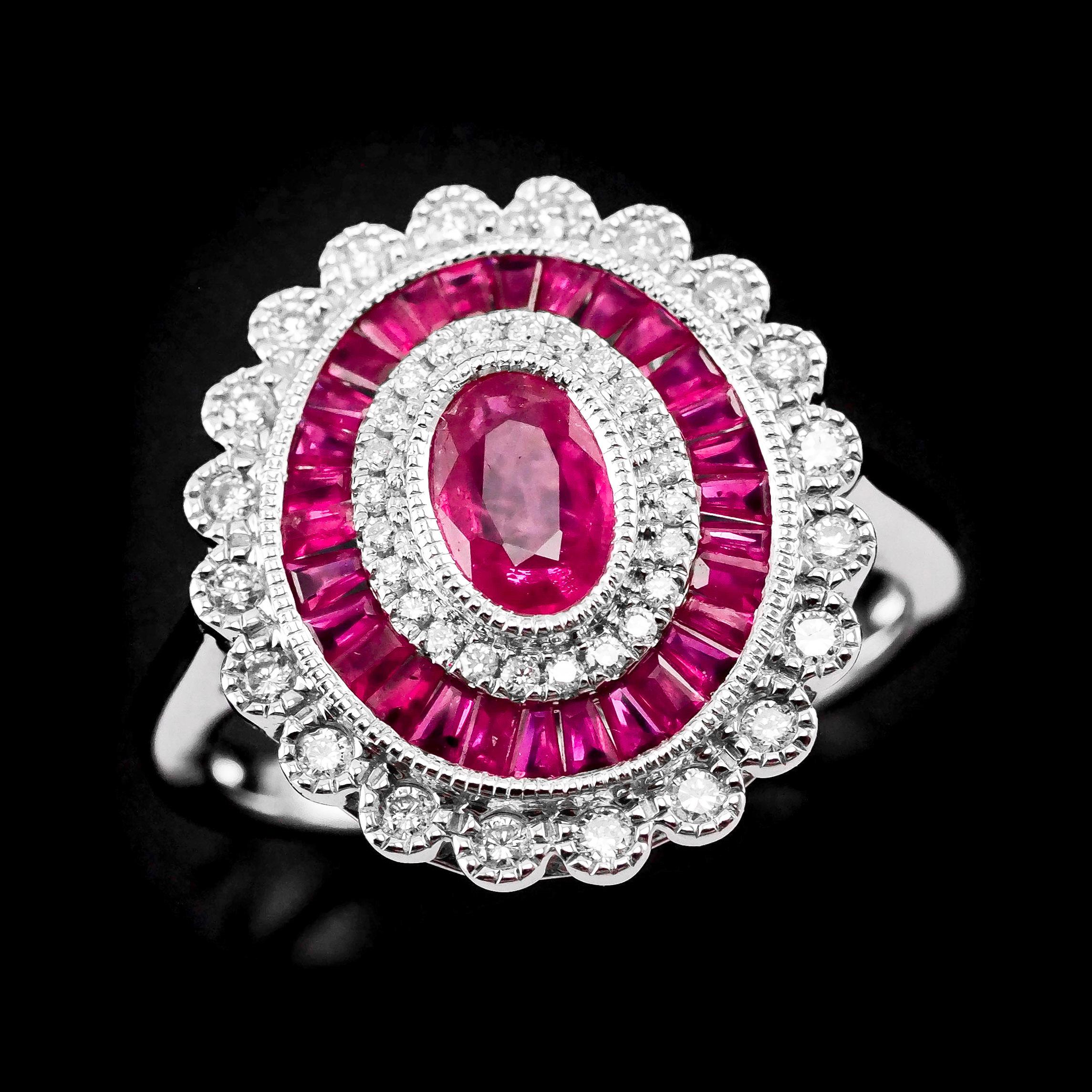18 Karat Weißgold Cluster Target / Blumenring mit Rubin und Diamant (Brillantschliff)