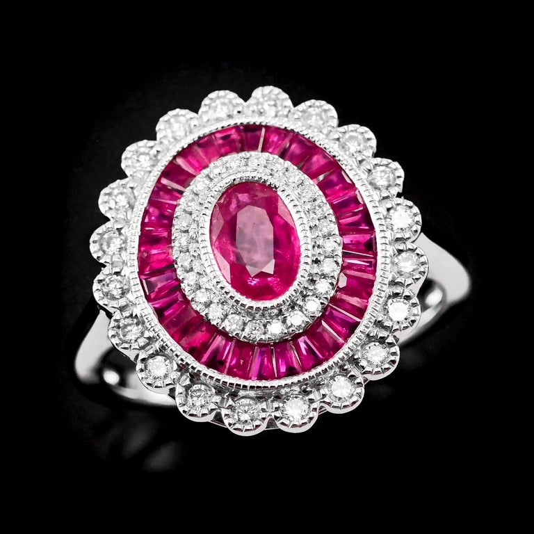 Ruby and Diamond 18k White Gold Cluster Target / Flower Ring For Sale ...