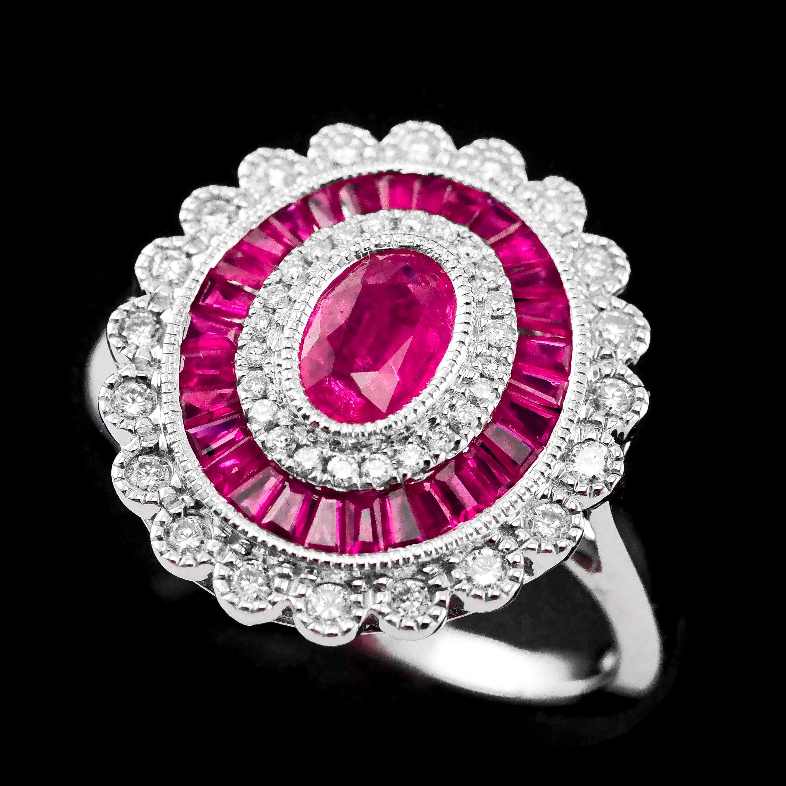 18 Karat Weißgold Cluster Target / Blumenring mit Rubin und Diamant für Damen oder Herren