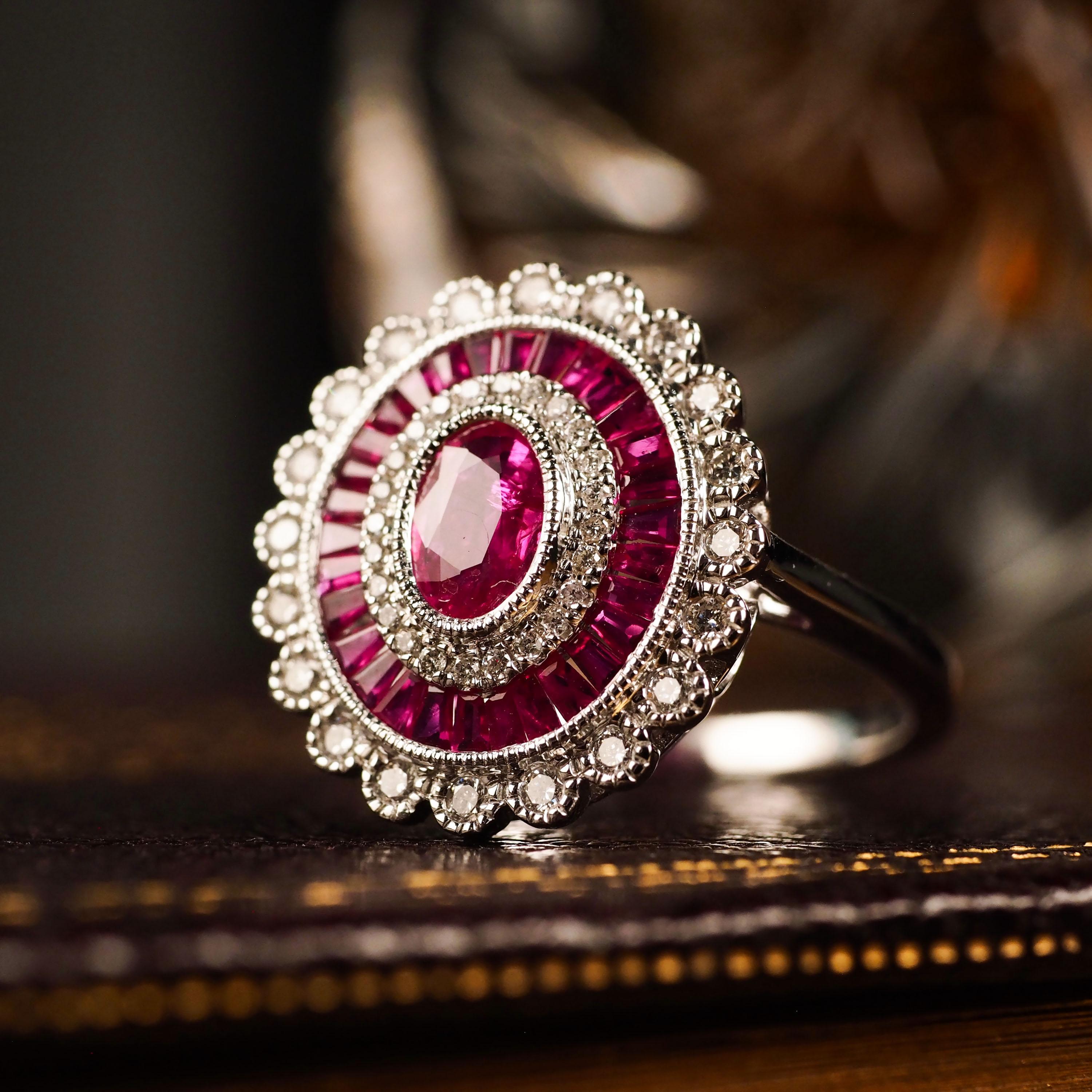 18 Karat Weißgold Cluster Target / Blumenring mit Rubin und Diamant 1