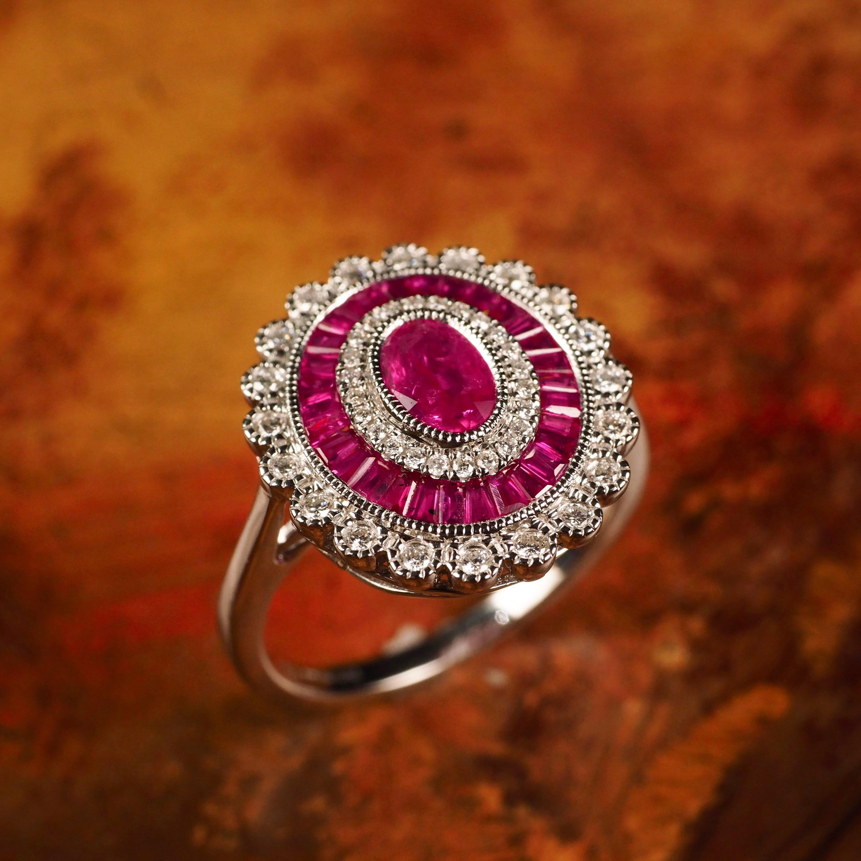 18 Karat Weißgold Cluster Target / Blumenring mit Rubin und Diamant 2